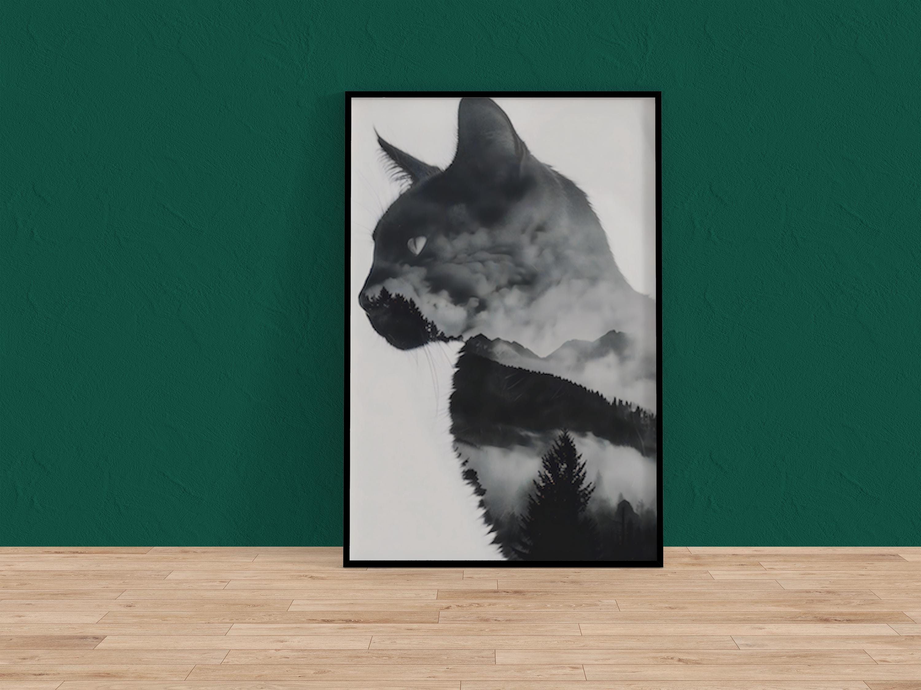 Spirit of the Wild: Surreal Cat & Mountain Double Exposure Art | Ethereal Black & White Decor
