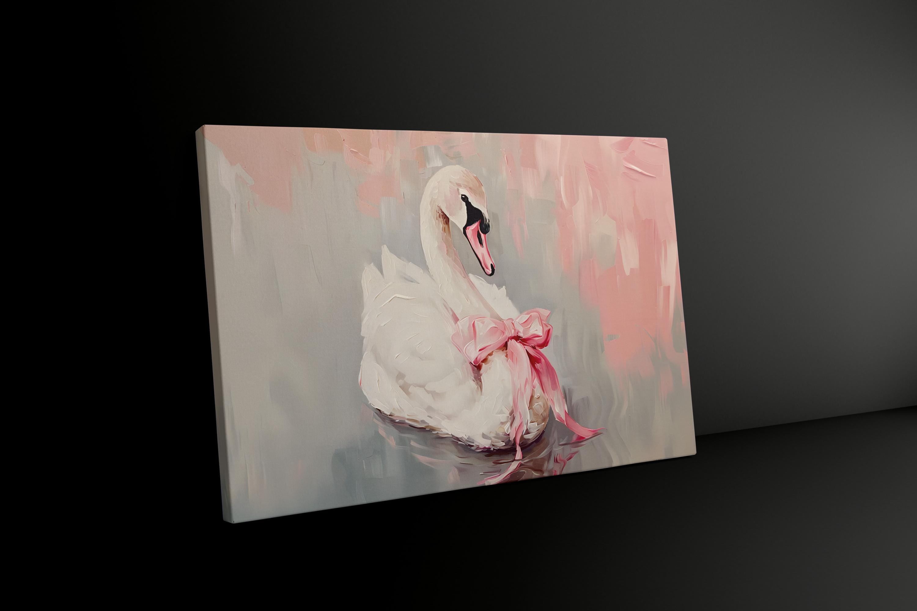 Ballerina Swan Art Print: Elegant Pink Bow, Soft Pastel Wall Decor