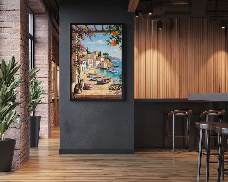 Italian Coastal Wall Art: Mediterranean View with Cat - Vibrant Colors