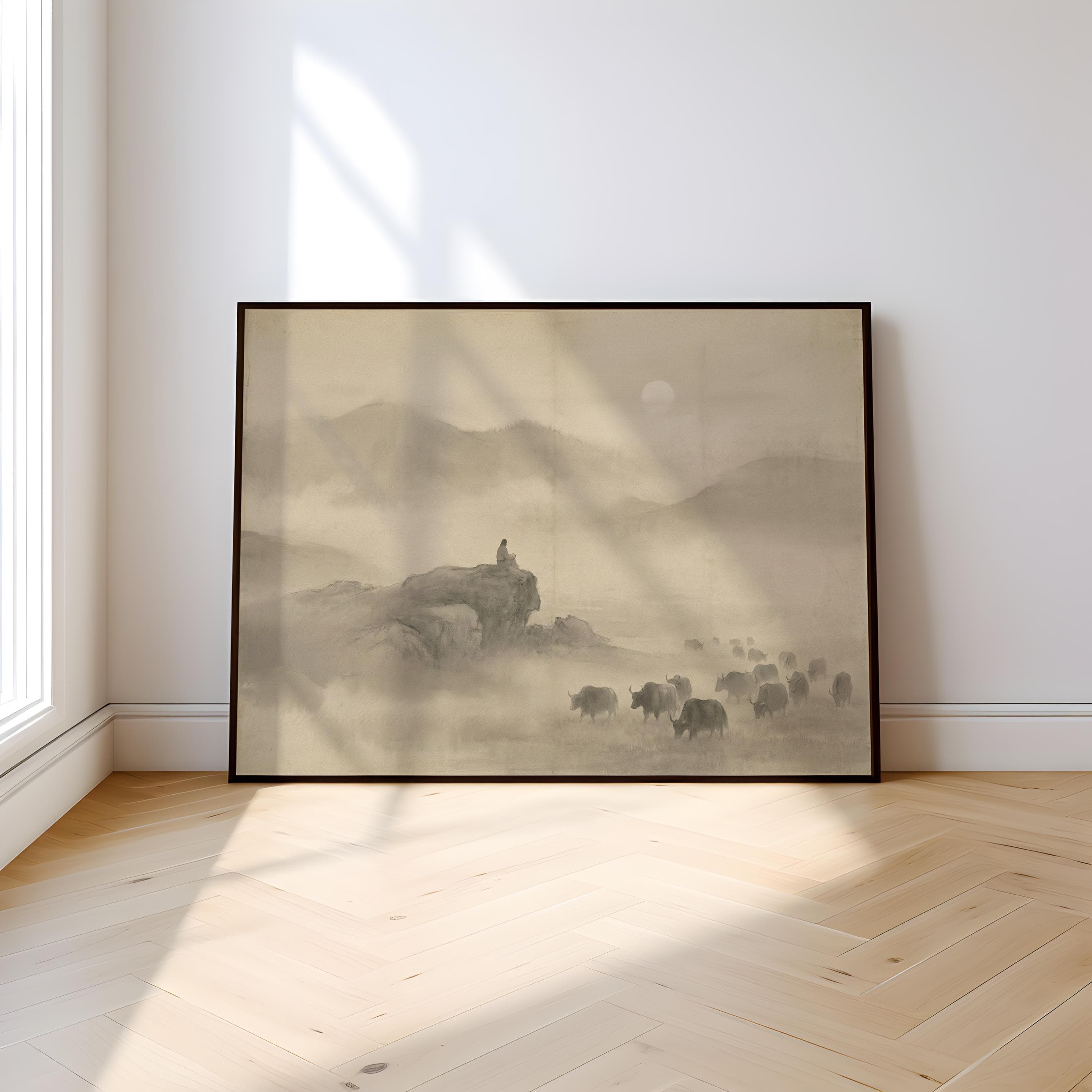 Misty Mountain Landscape: Zen Ink Wash Art (Sepia Tone)