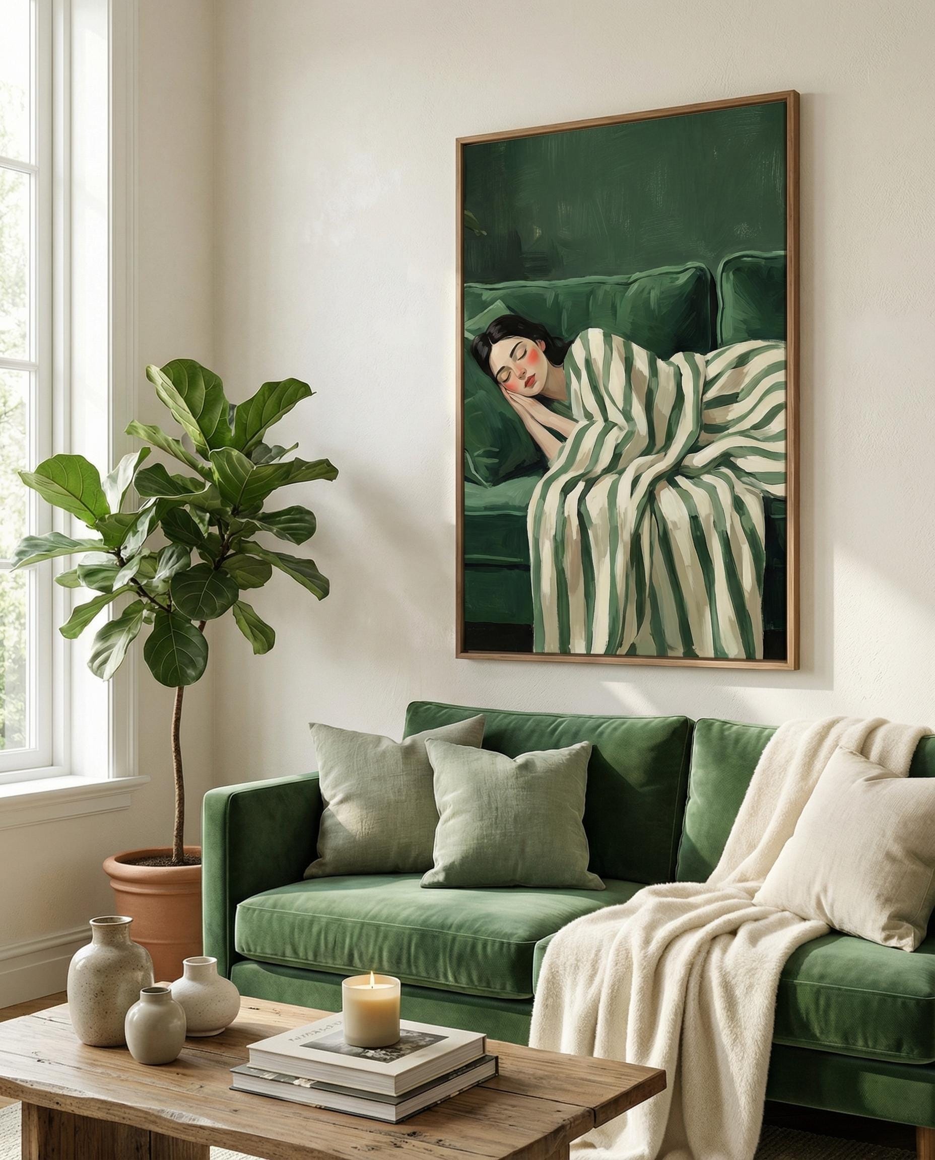 Nap Time Green Art Print: Sleeping Woman, Relaxing Stripes