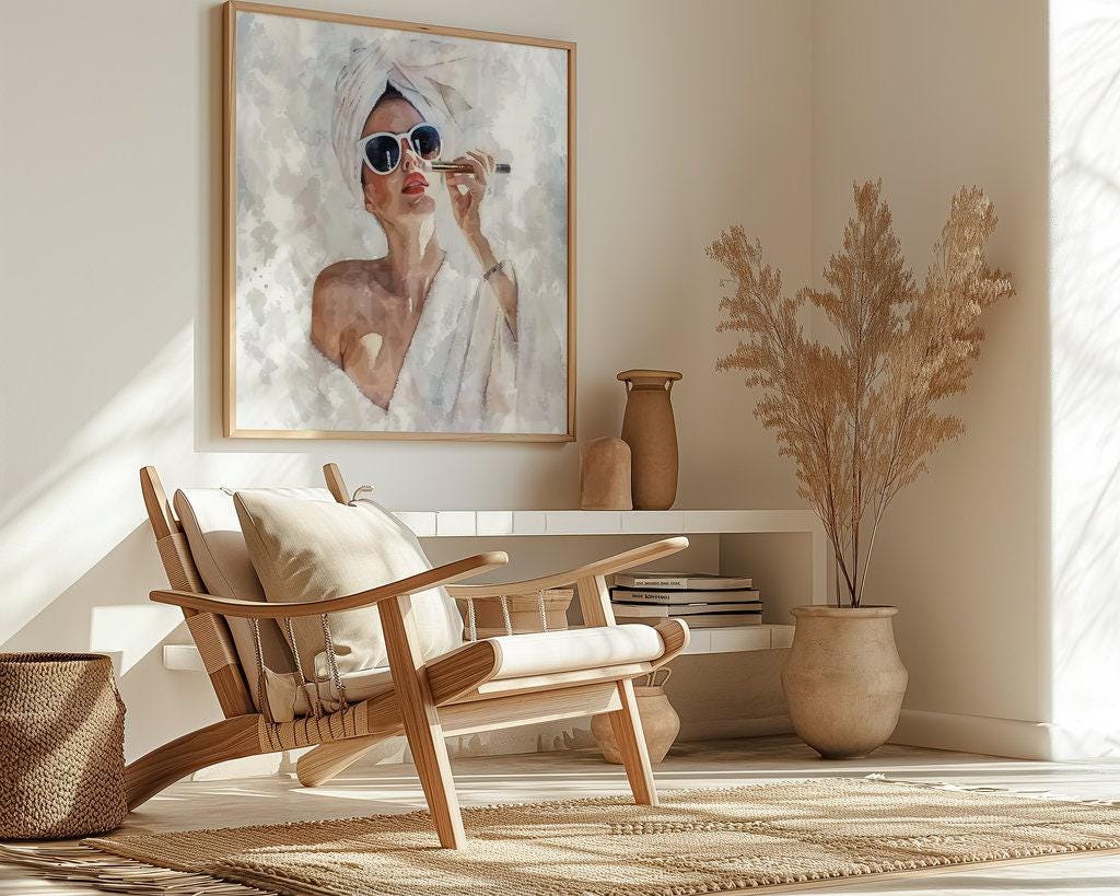 Morning Glamour: Modern Woman in Sunglasses & Robe Art | Chic Fashion Wall Decor