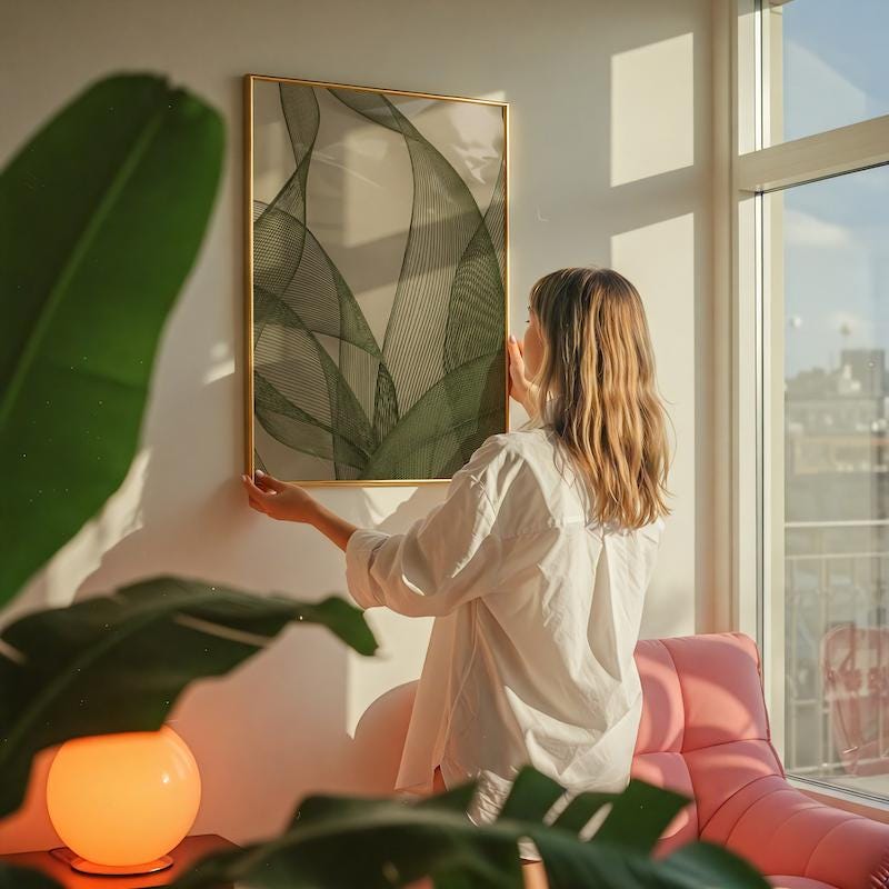 Abstract Olive Green Wall Art: Modern Sage and Beige Mesh Print