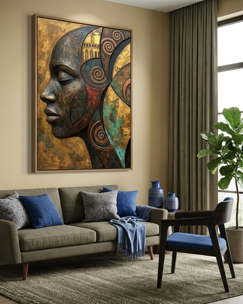 African Duality Art, Textured Bronze Gold Teal Wall Art, Adinkra Gye Nyame Symbol, Ethnic Spiritual Home Decor Canvas
