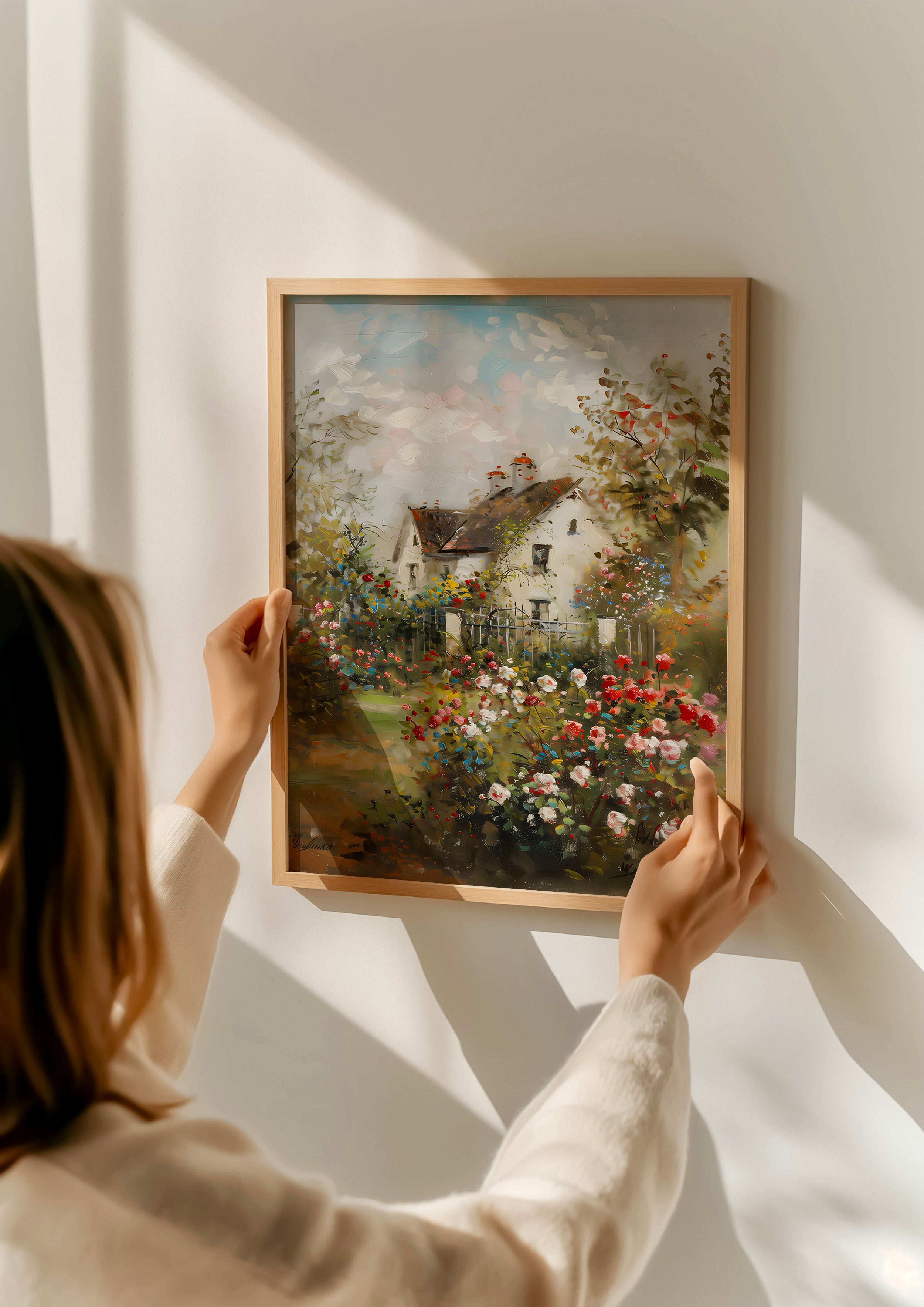 Vintage Cottage Rose Garden Art Print | Nostalgic & Tranquil Floral Wall Decor