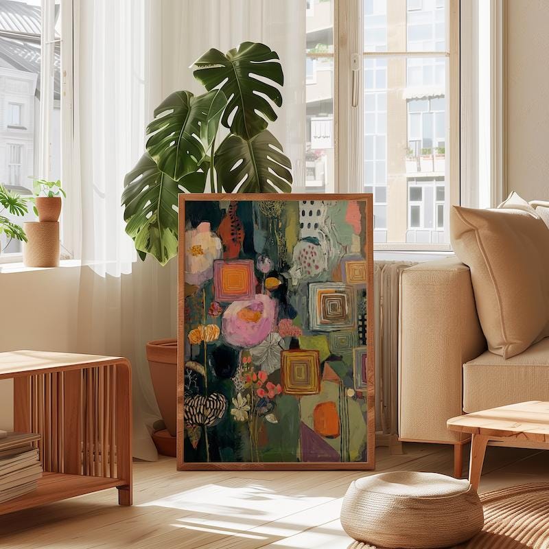 Floral Wall Art Print: Vibrant Boho Colors - Mixed Media Style