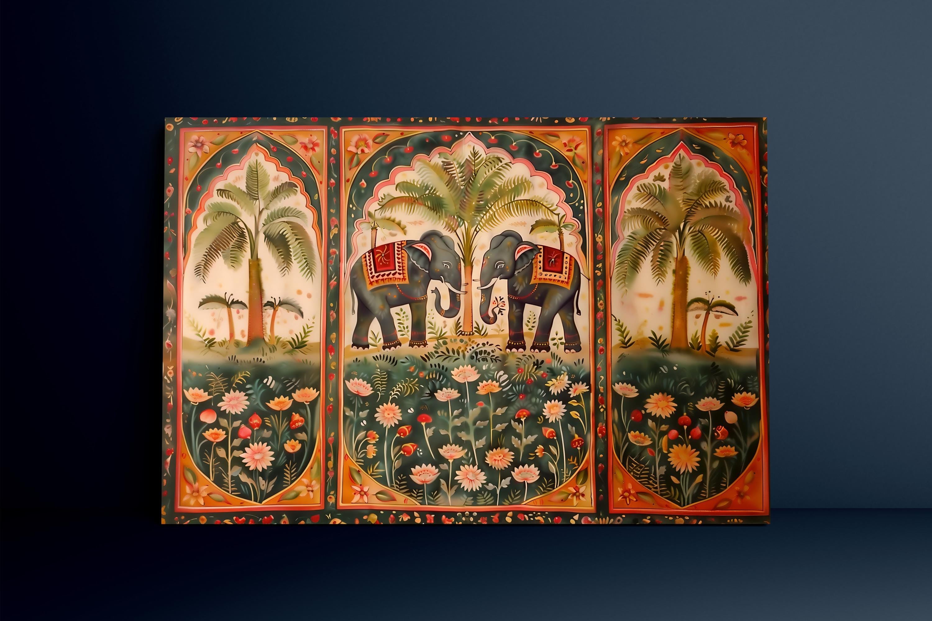 Pichwai Elephant & Lotus Art: Traditional Indian Floral Canvas | Vintage Cultural Wall Decor