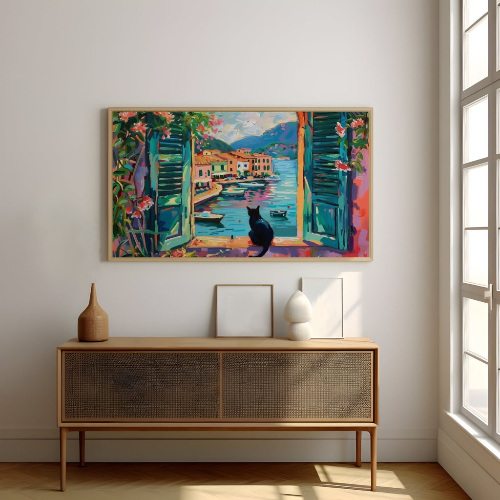 Coastal Town Wall Art: Black Cat, Vibrant Colors, Framed Canvas
