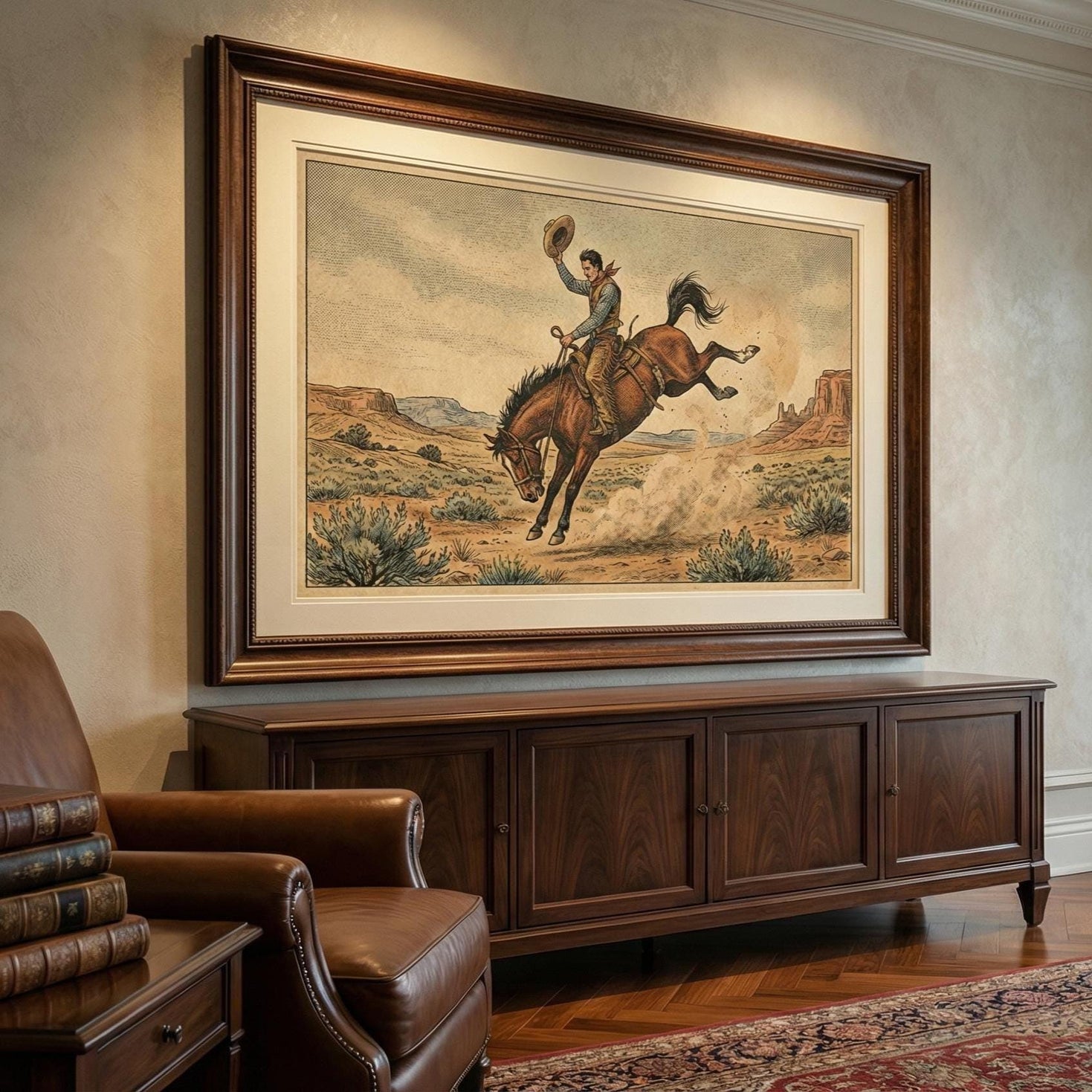 Cowboy on Horse Art Print, Rustic Western Decor (Canvas or Paper)