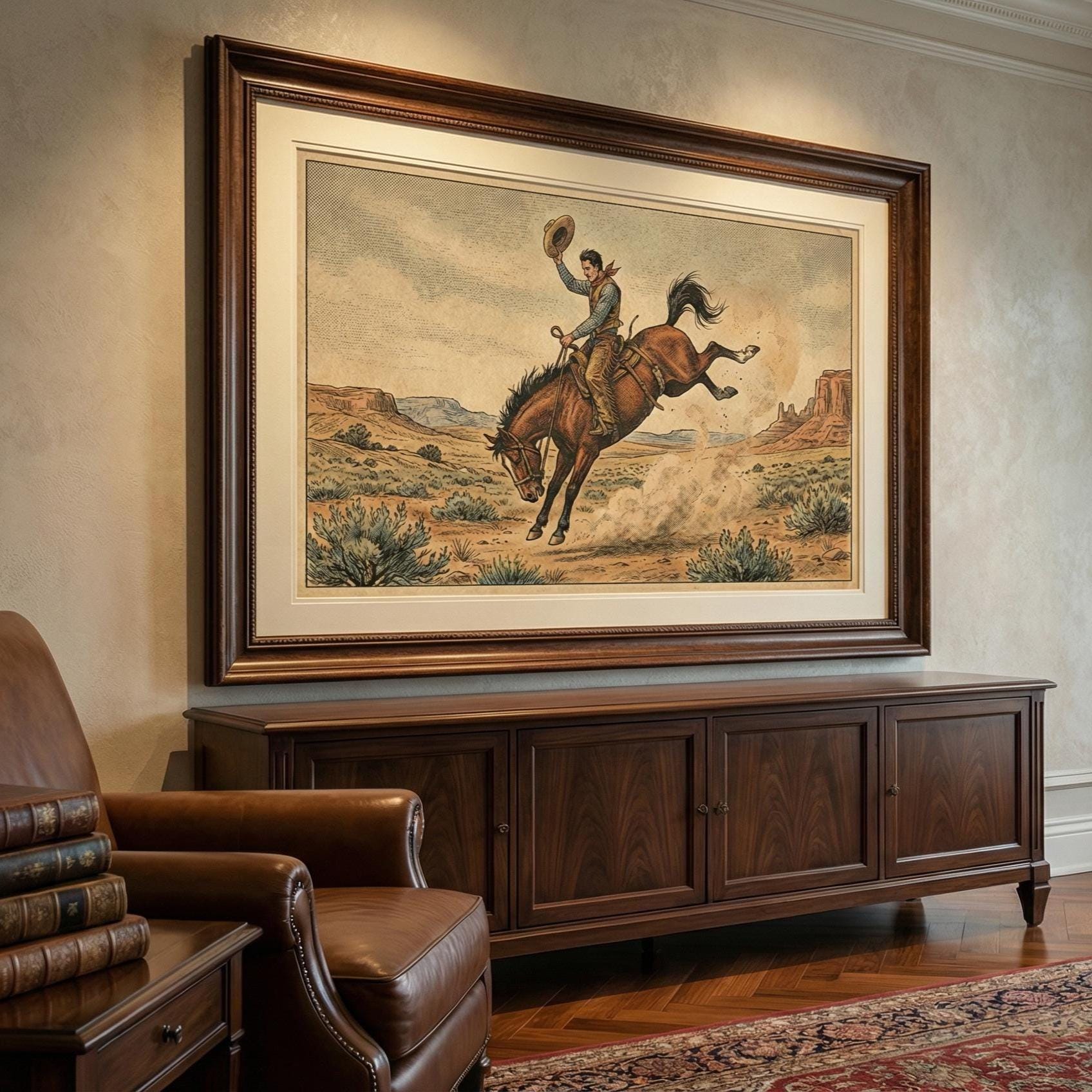 Cowboy on Horse Art Print, Rustic Western Decor (Canvas or Paper)