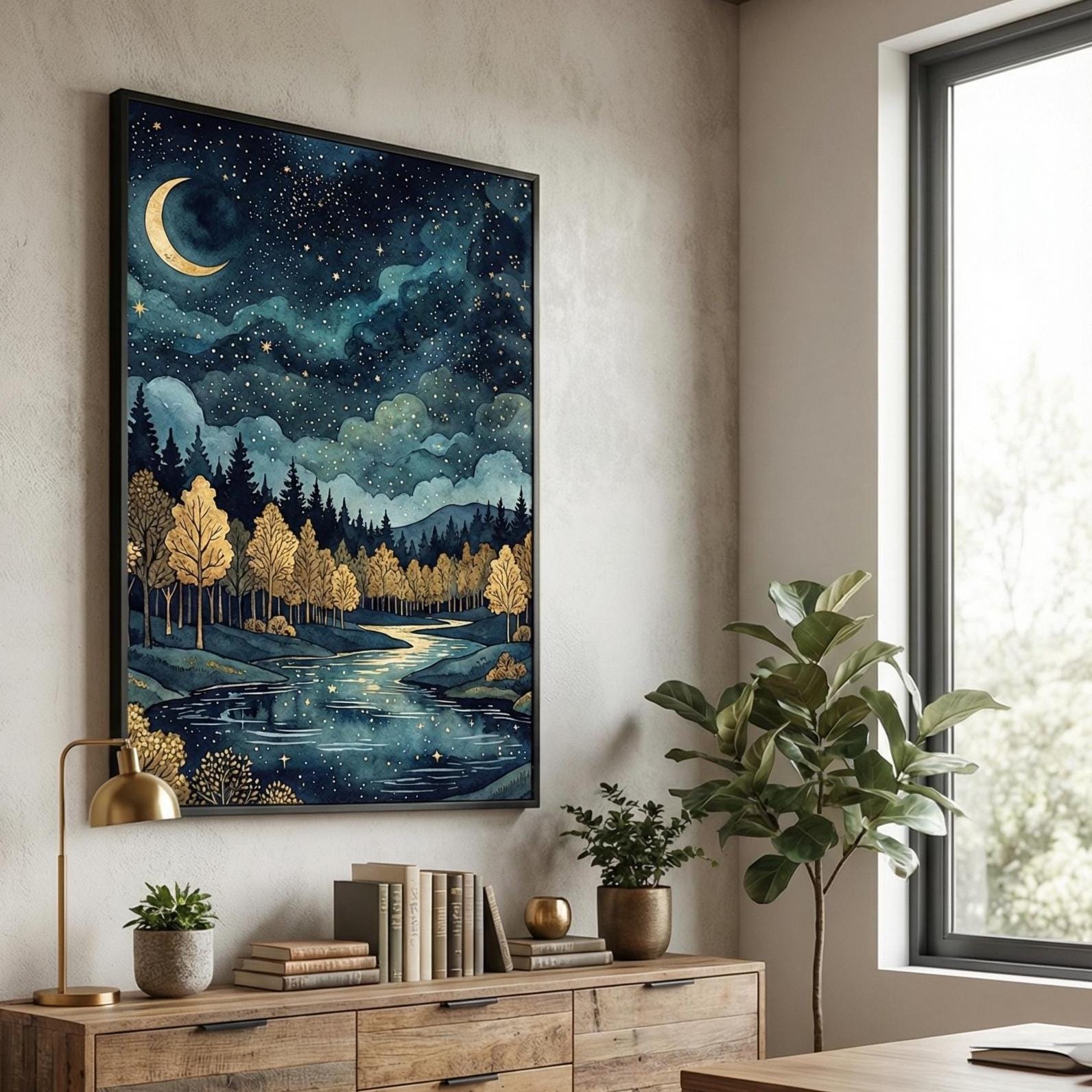 Wall Art Print: Golden Moon and Stars - Blue Abstract Design
