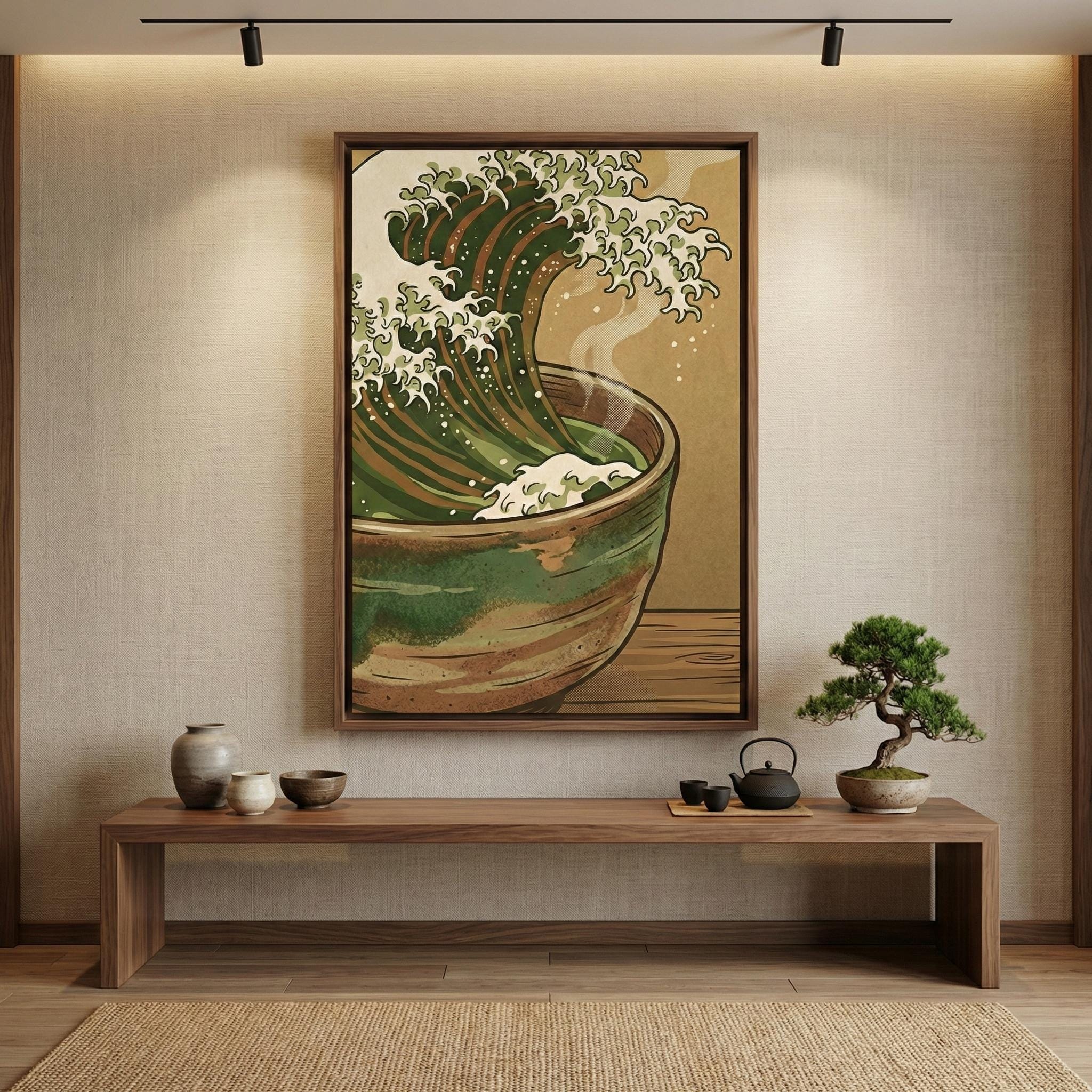 Great Wave Tea Cup Art - Surreal Matcha Print in Sea Foam Green