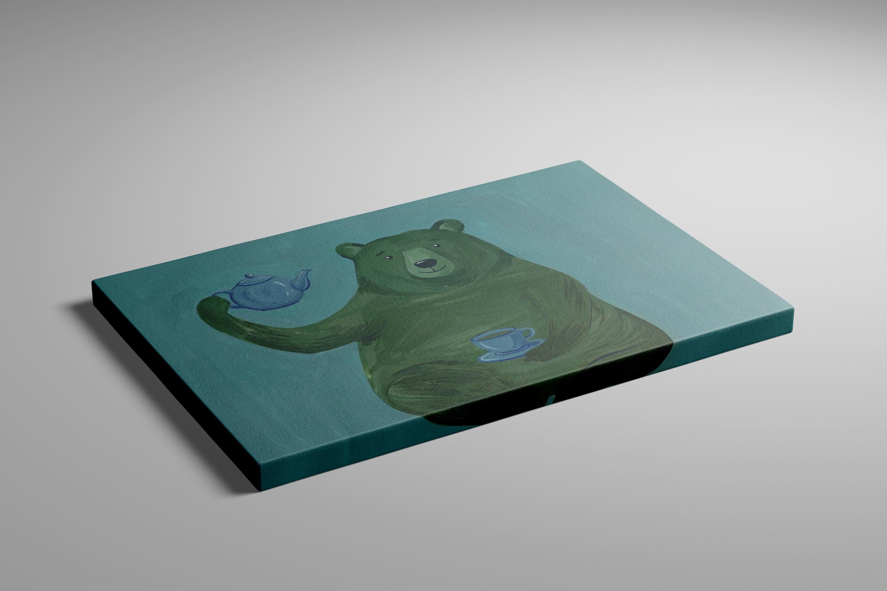 Whimsical Green Bear Wall Art - Playful Tea Party Illustration