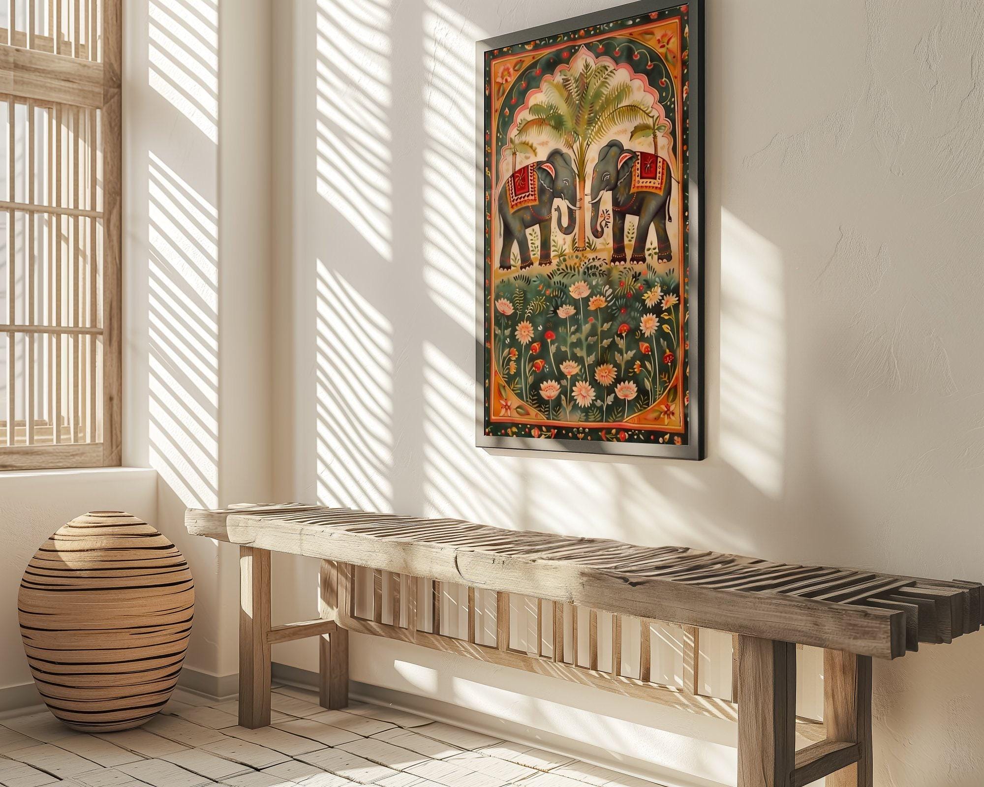 Pichwai Elephant & Lotus Art: Traditional Indian Floral Canvas | Vintage Cultural Wall Decor