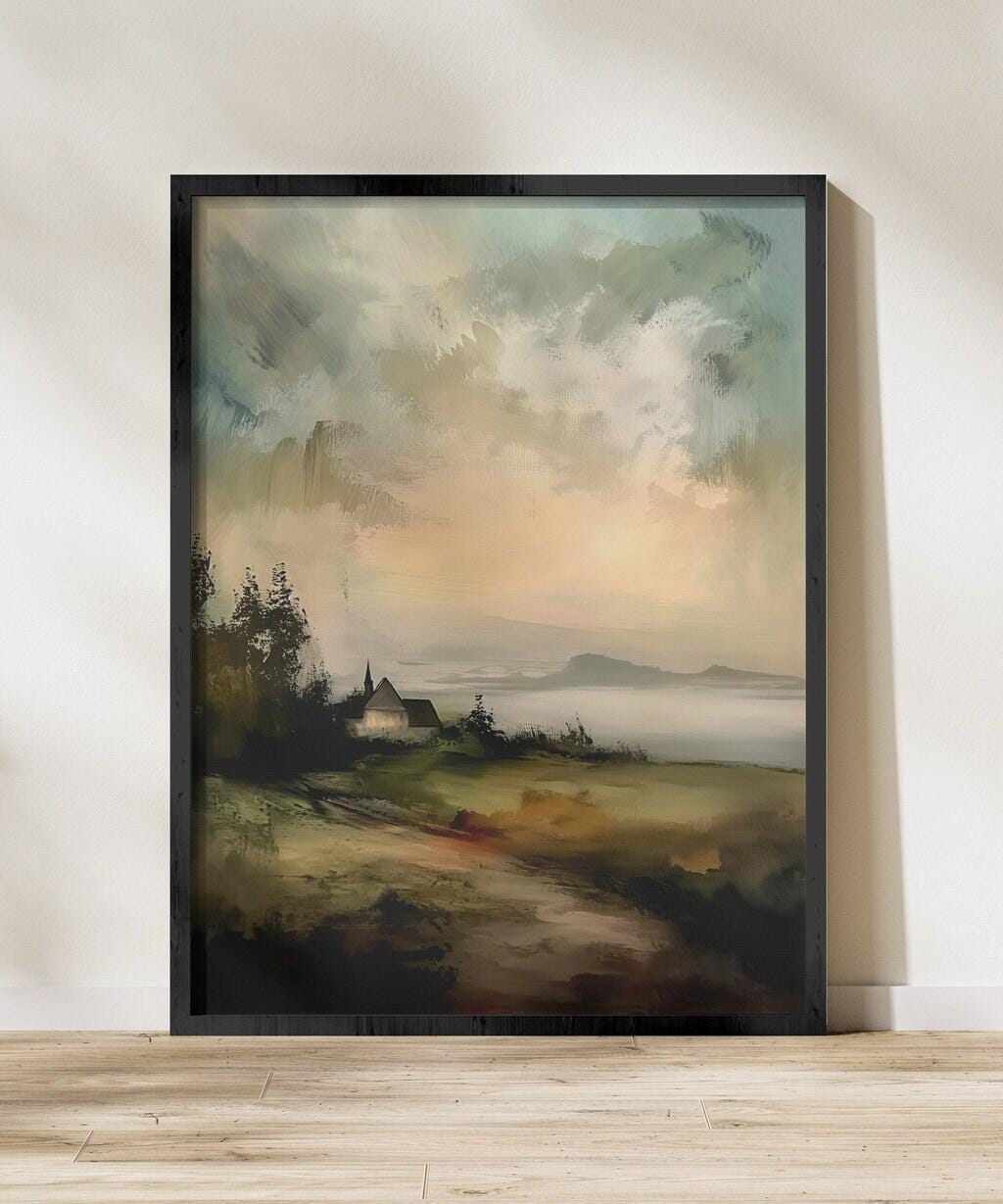 Rustic Countryside Wall Art - Vintage Moody Landscape Canvas