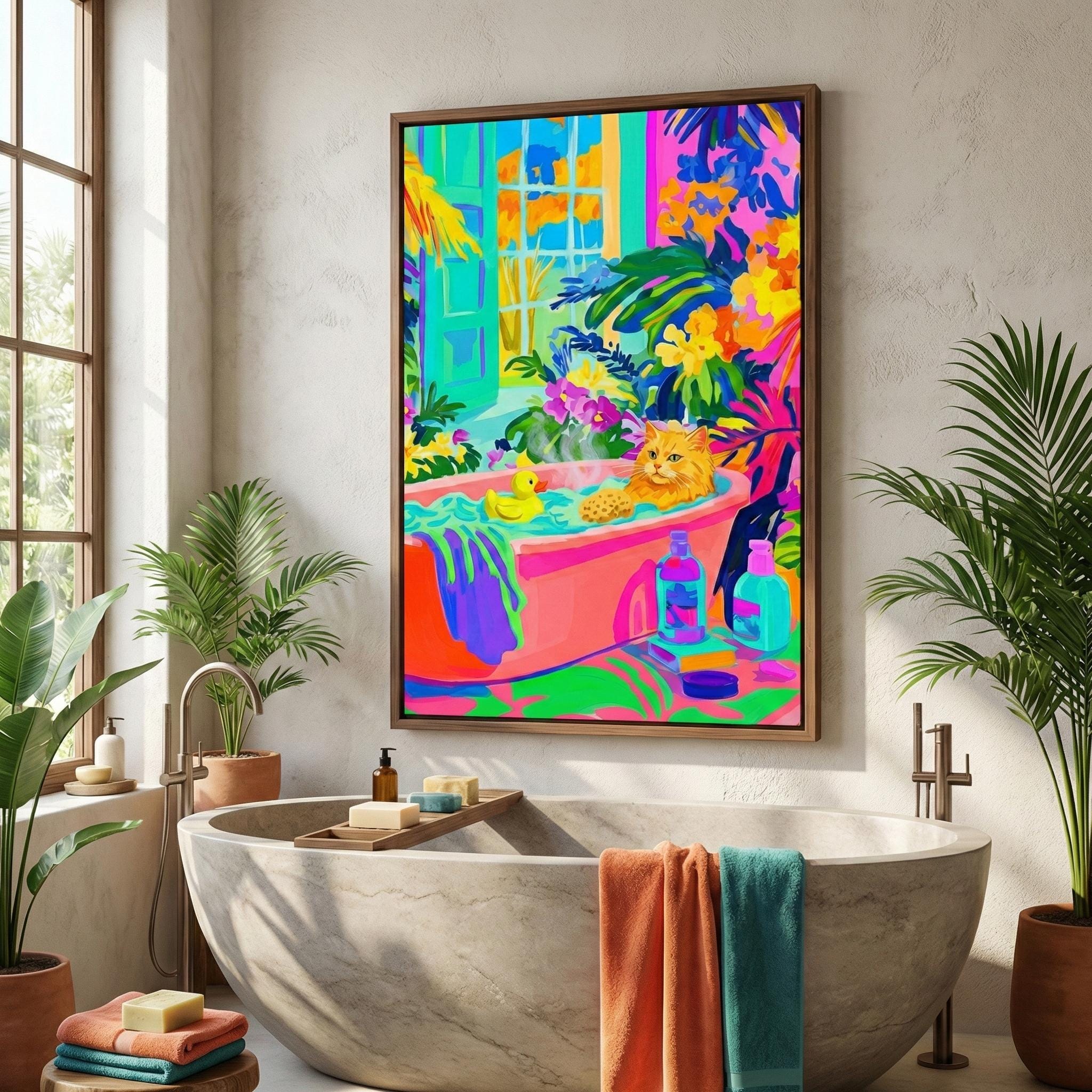 Whimsical Cat Canvas, Orange Tabby in Bathtub (Bold Fauvist Colors)