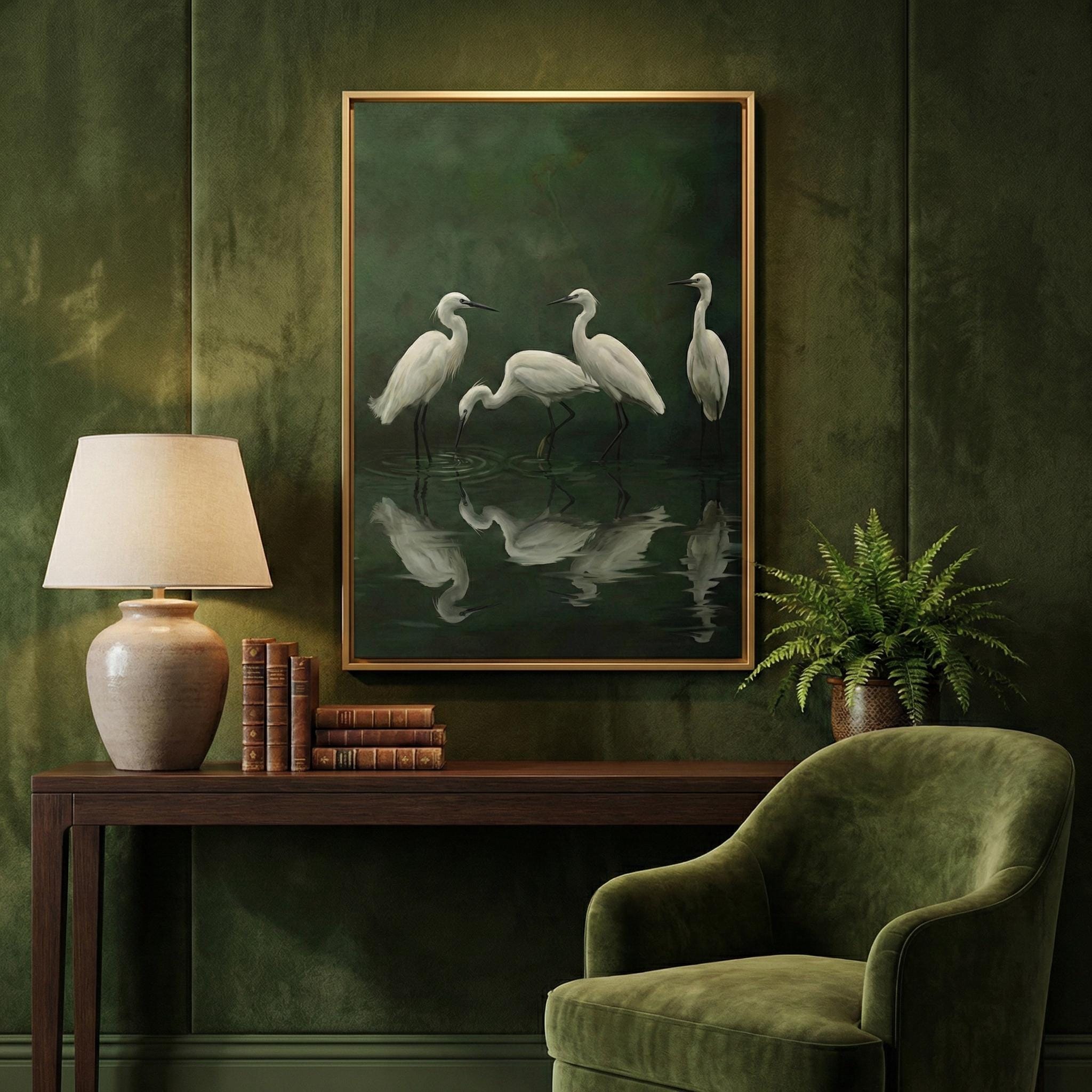 Nature Canvas Art, White Egret and Heron, Moody Green Swamp (Framed or Rolled)