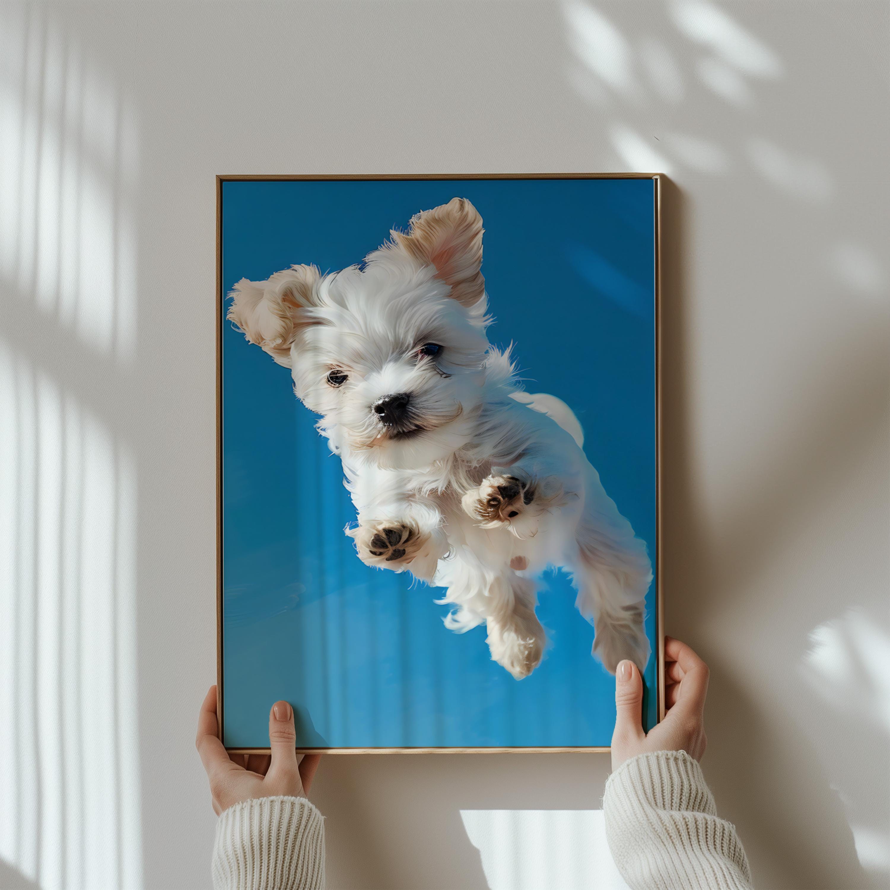The Leap: Joyful Fluffy White Dog Art Print | Playful & Vibrant Pet Portrait Decor