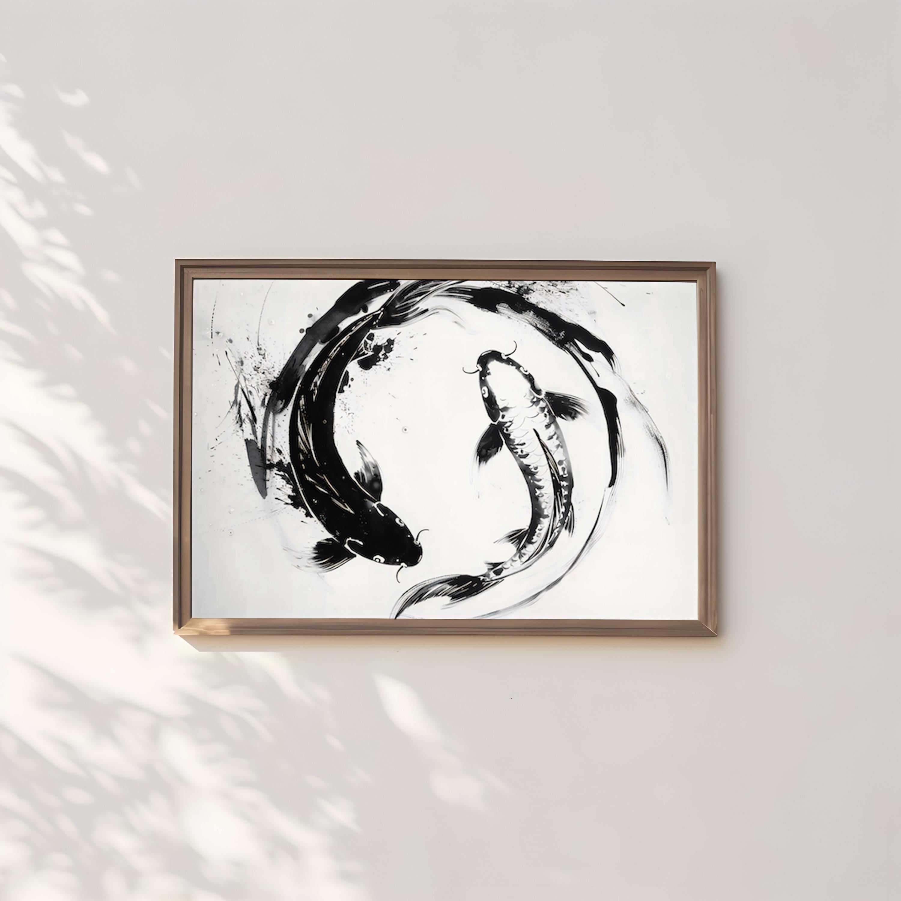 The Dance of Two: Abstract Black & White Koi Fish Art | Modern & Serene Wall Decor