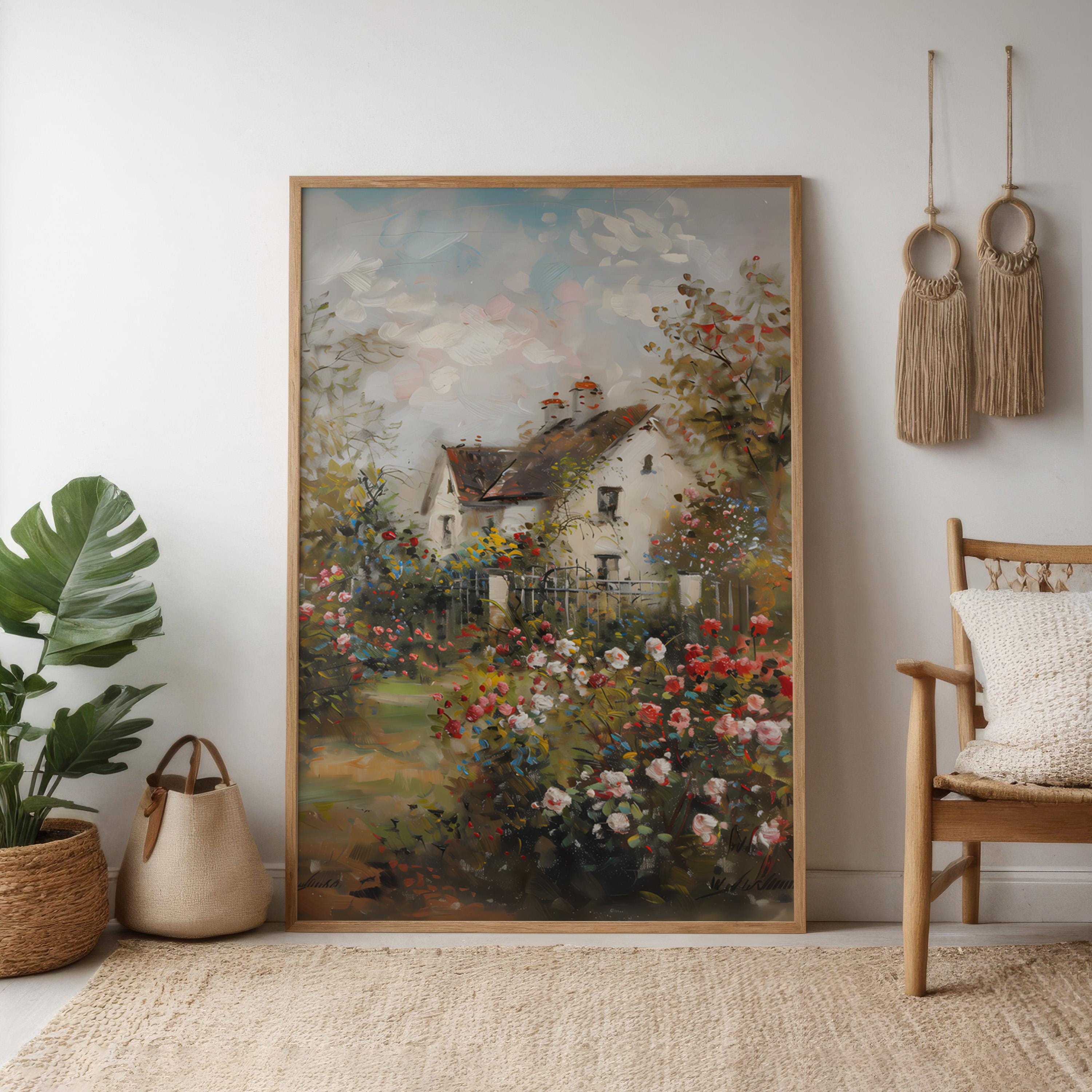 Vintage Cottage Rose Garden Art Print | Nostalgic & Tranquil Floral Wall Decor