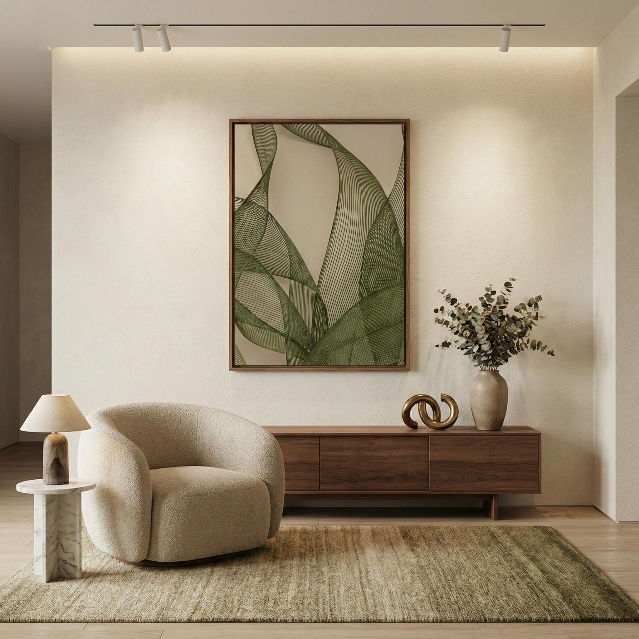 Abstract Olive Green Wall Art: Modern Sage and Beige Mesh Print