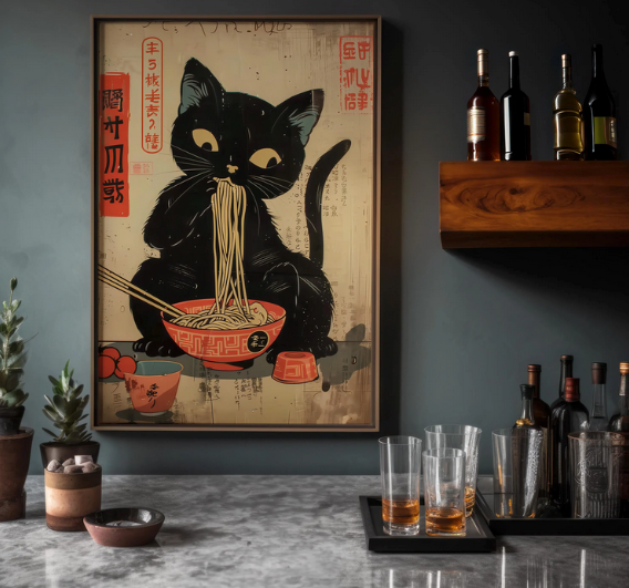 a black cat sitting in a bowl of noodles, surrounded by various objects such as a wooden shelf, bottles, and glasses.