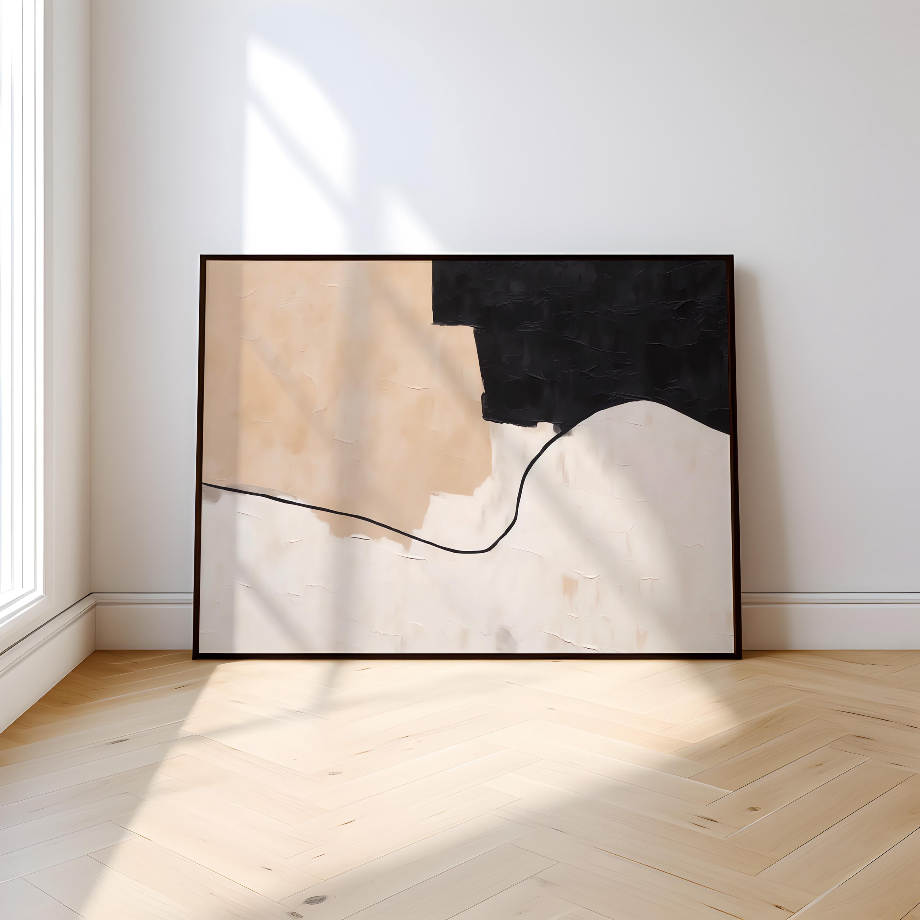Modern Minimalist Abstract Art | Beige and Black Framed Print for Elegant Interiors