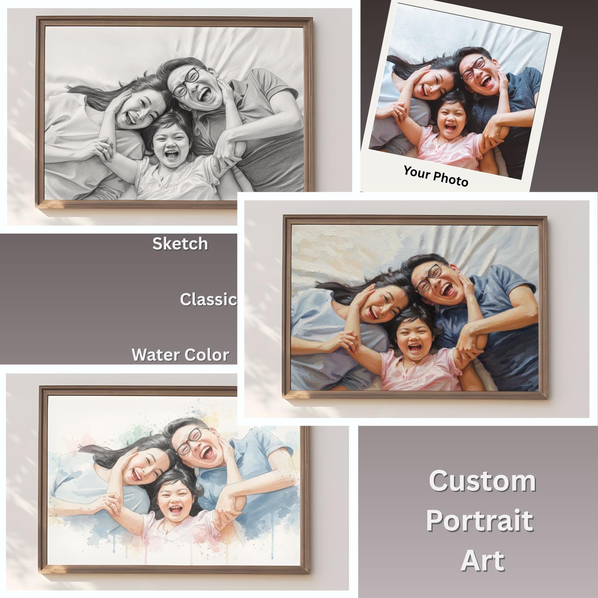 Custom Family Portrait Watercolor, Classic Sketch (Canvas or Matte Print)