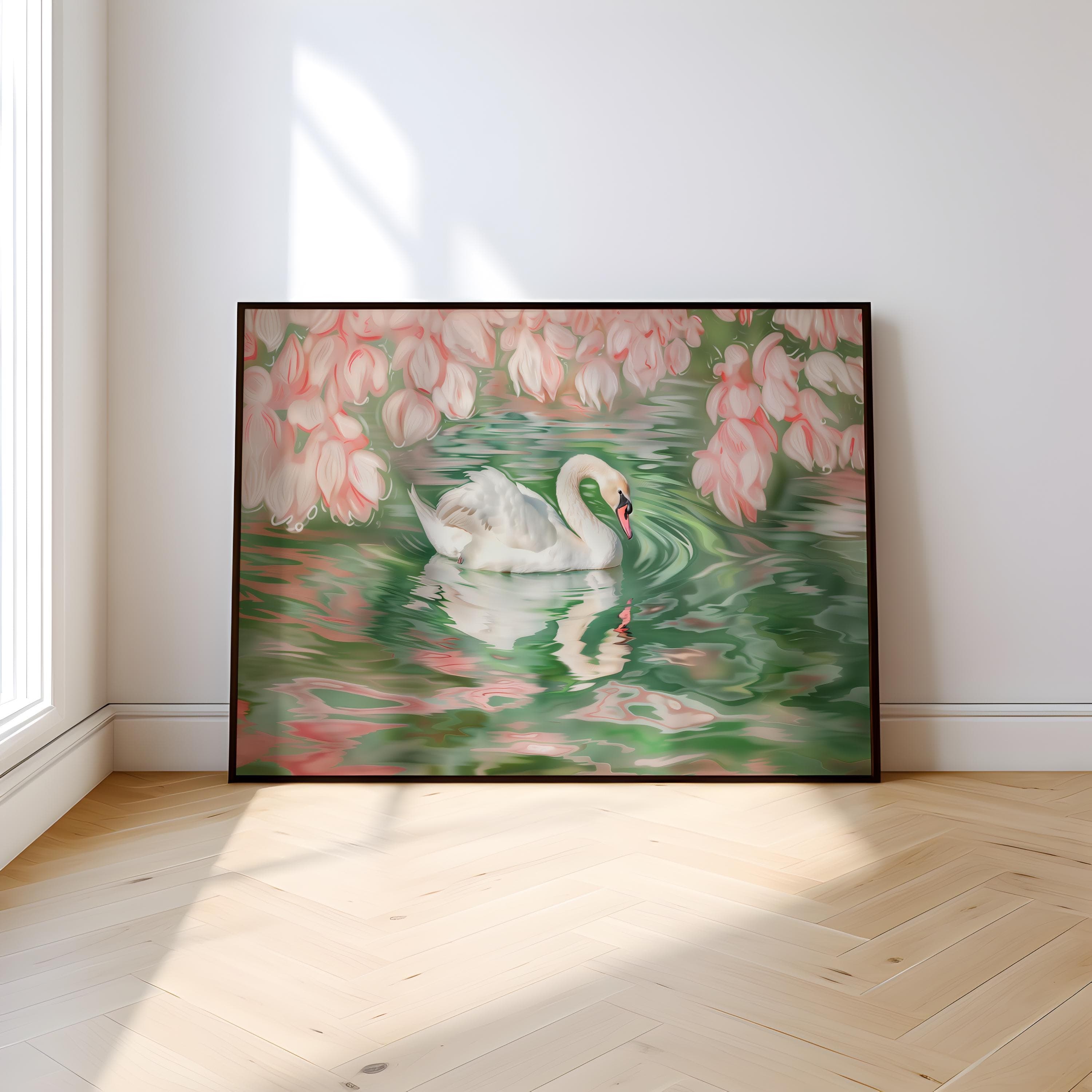Swan Wall Art: Soft Pink Green Illustration - Calm Nature Scene