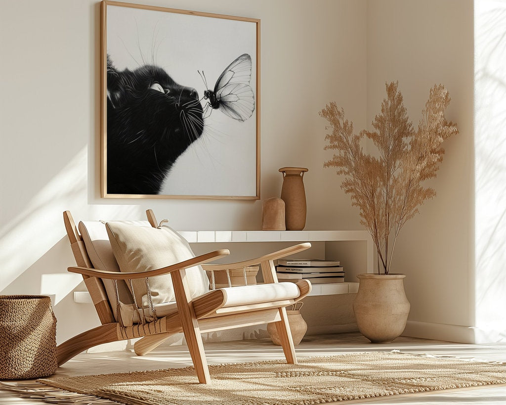 The Gentle Moment: Black Cat and Butterfly Pencil Sketch | Whimsical Monochrome Wall Art