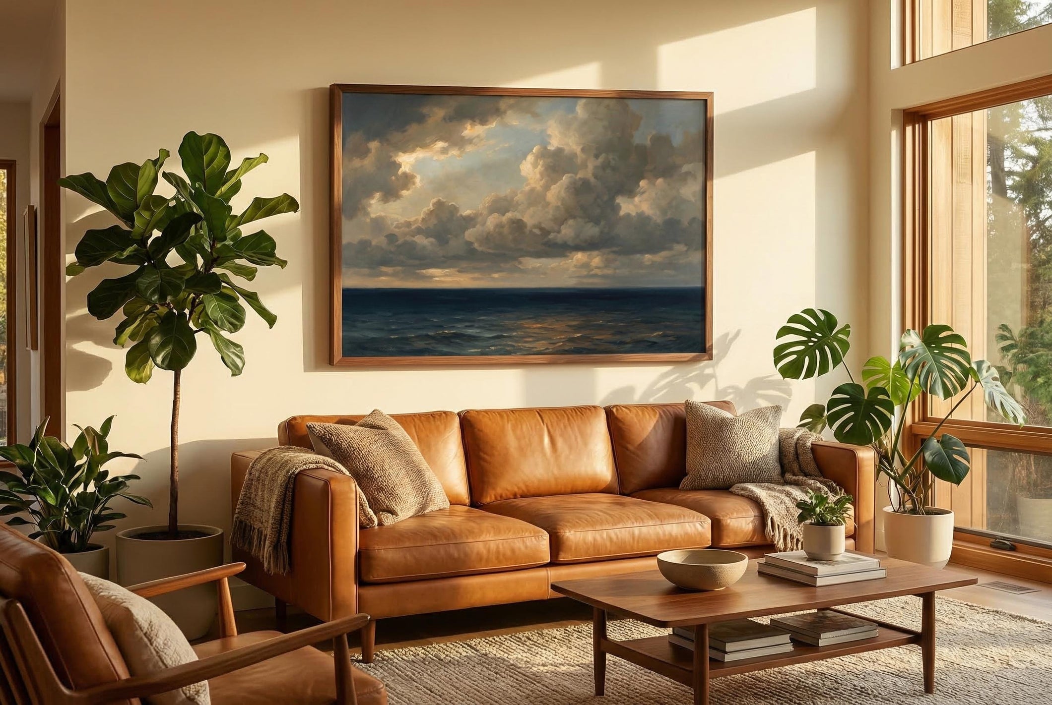 Vintage Seascape Oil Painting Dramatic Cloud Wall Art Moody Ocean Coastal Decor Framed Canvas Print