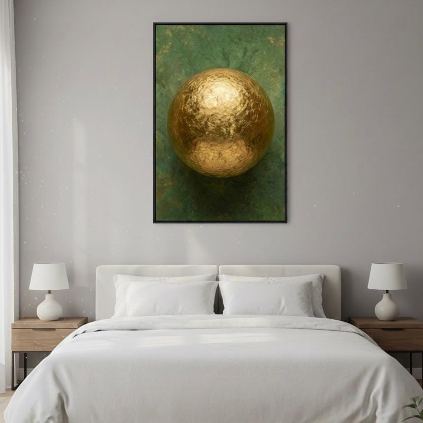 a large, gold-colored sphere hanging on a wall above a bed with white bedding.