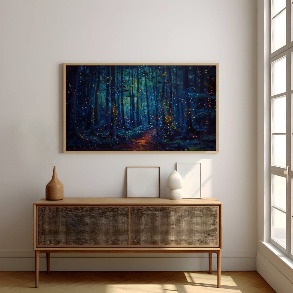 Enchanted Forest Wall Art: Glowing Fireflies, Night Path