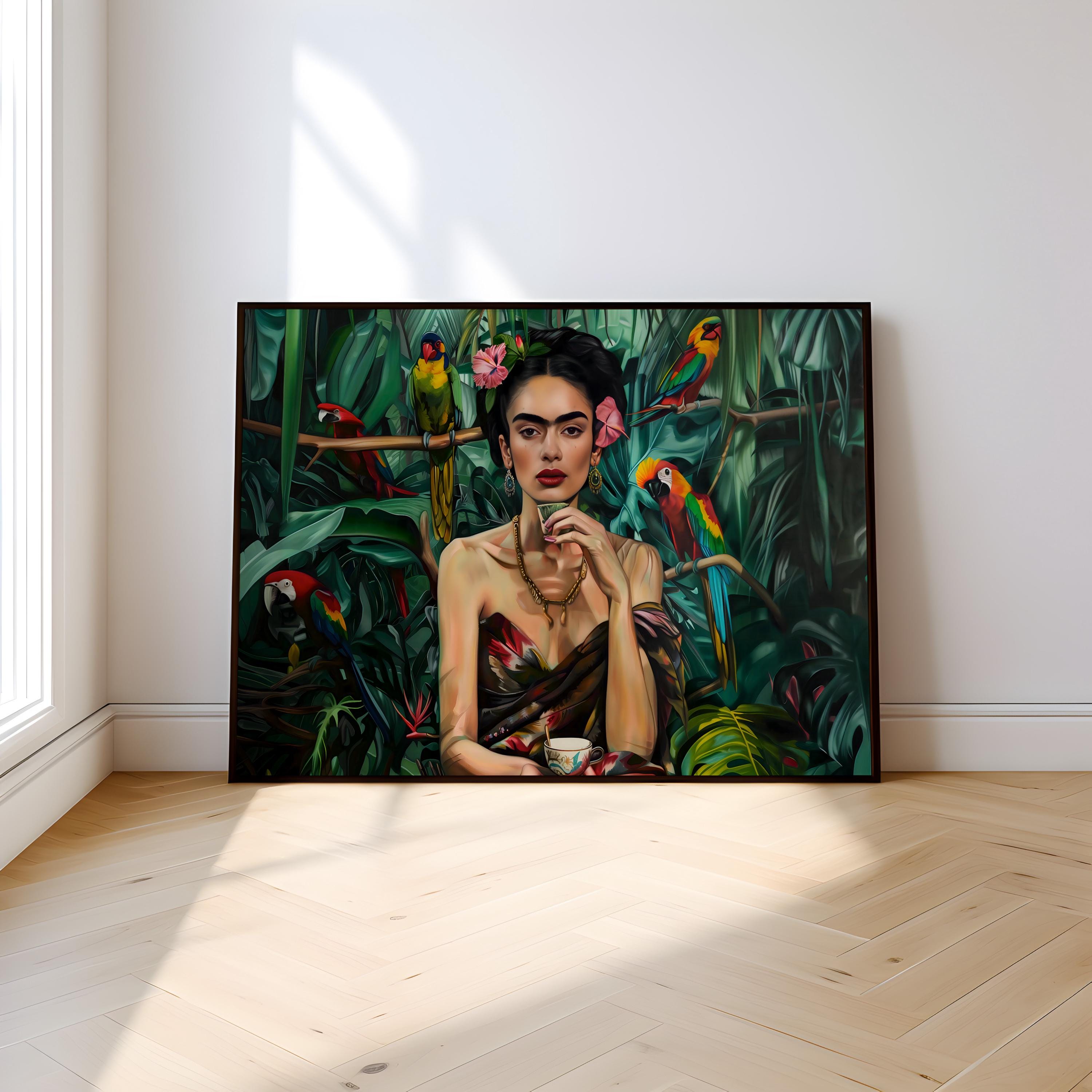 Tropical Goddess: Vibrant Jungle Portrait with Parrots | Exotic Floral Wall Art Decor