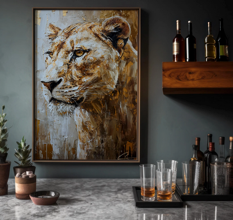 a large framed painting of a lion's face on a wall, with a wooden shelf above it displaying various bottles of alcohol.