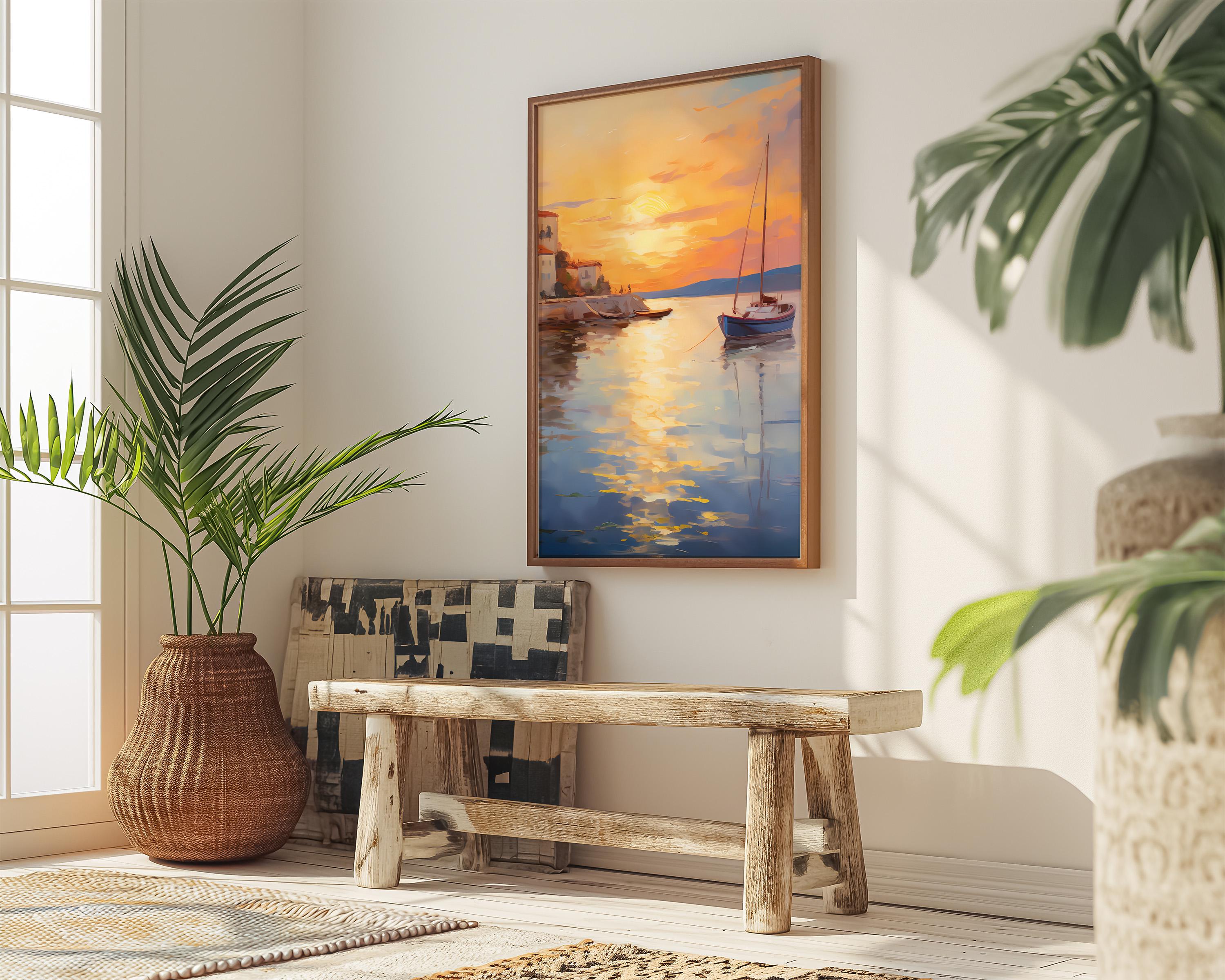 Sunset Harbor: Impressionist Italian Seaside Village Art | Vibrant Mediterranean Decor