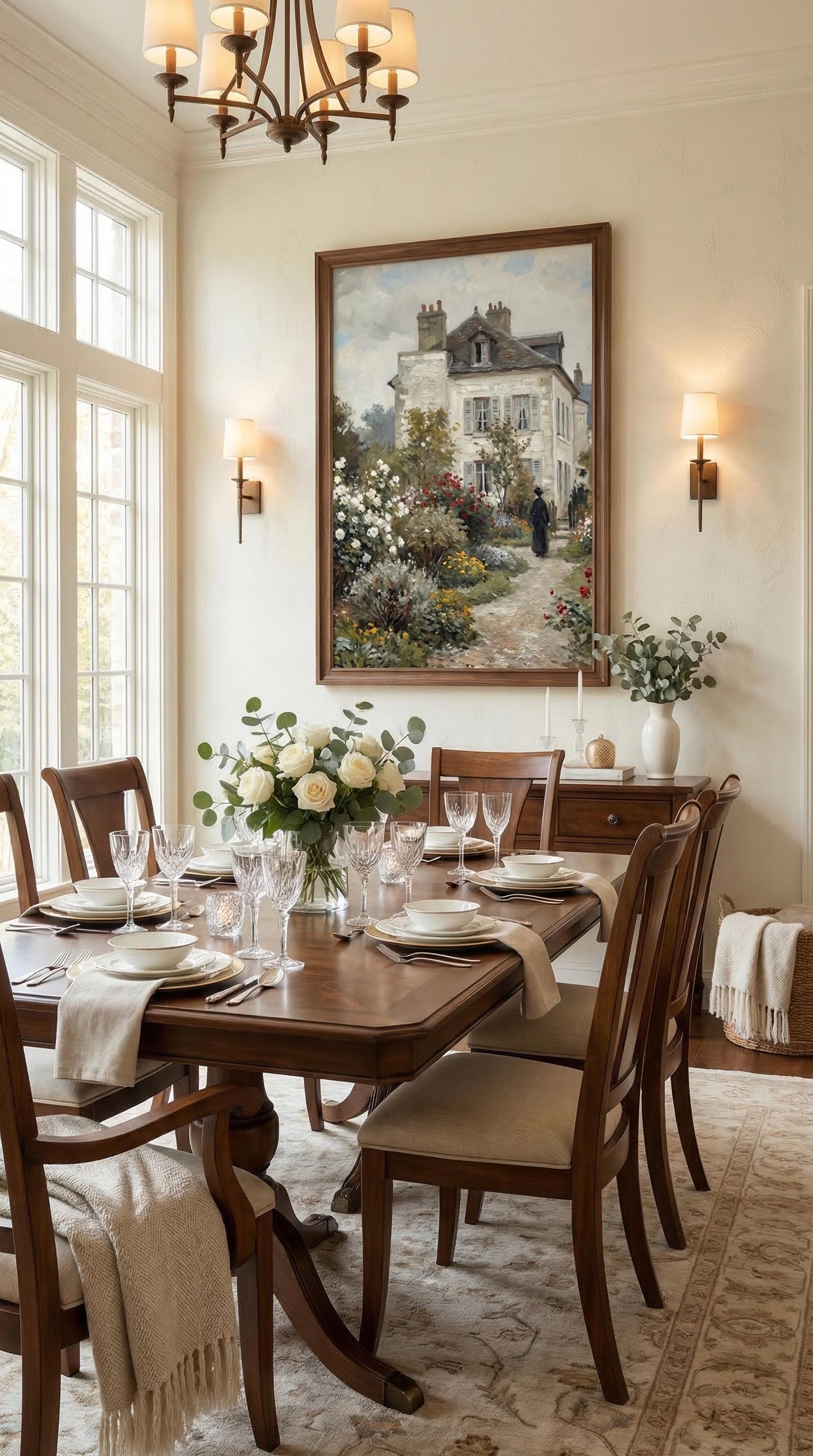 Vintage Rose Garden Painting French Country House Art Impressionist Cottage Landscape Print Wall Art