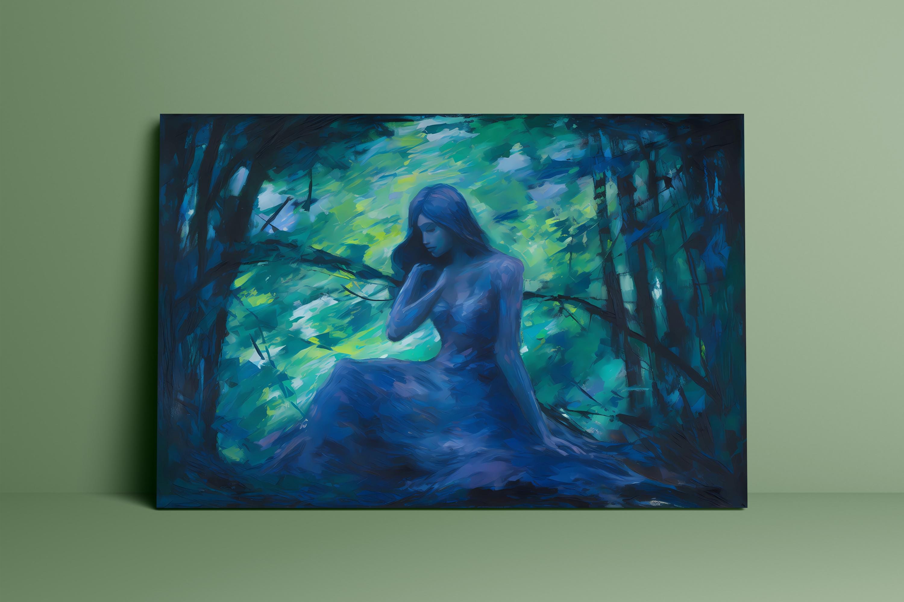 Emerald Forest Whispers: Mystical Impressionist Art Print | Ethereal Blue & Green Framed Wall Decor