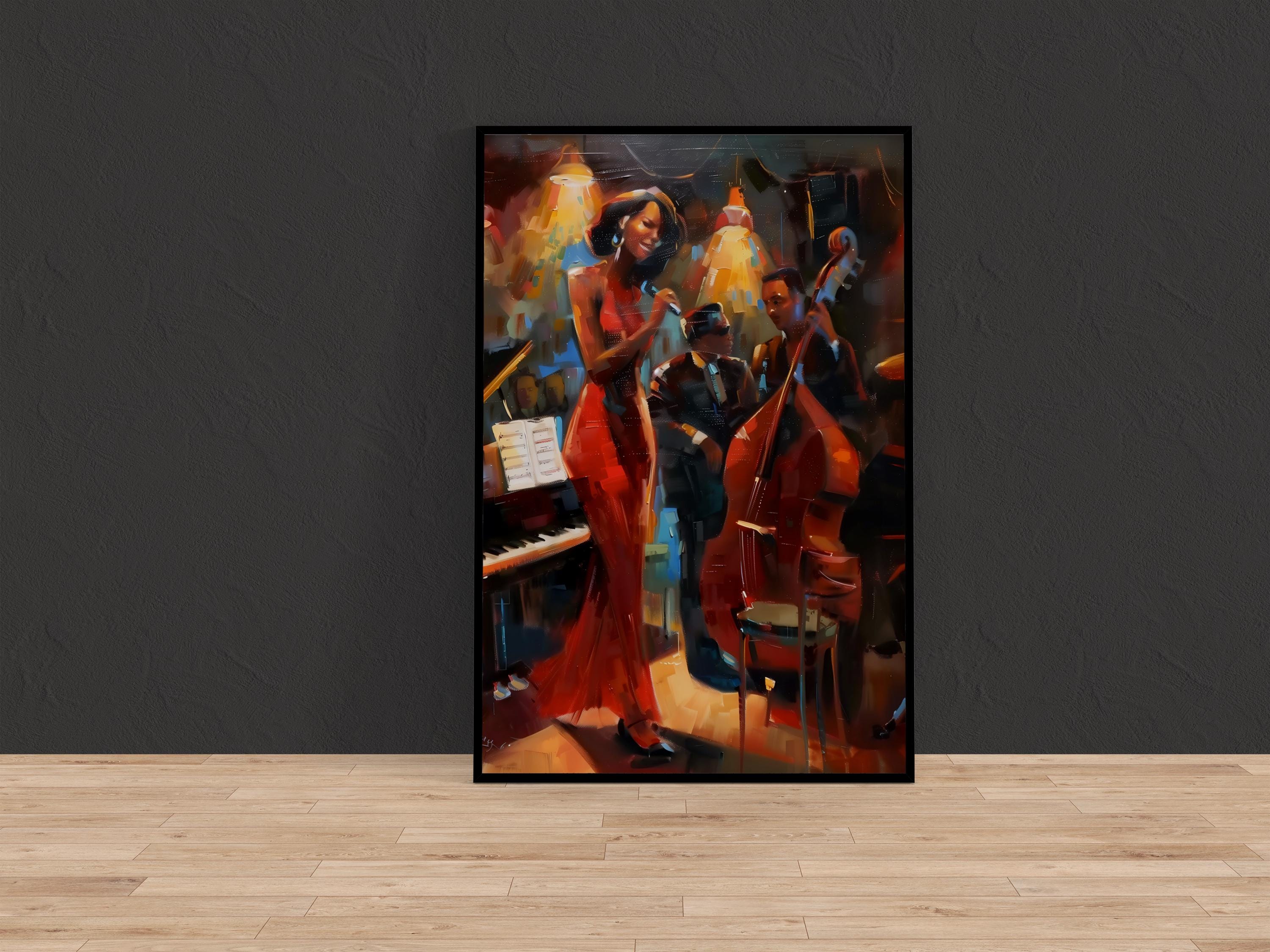 Jazz Club Serenade: Woman in Red Dress with Band Art | Soulful & Vibrant Music Decor