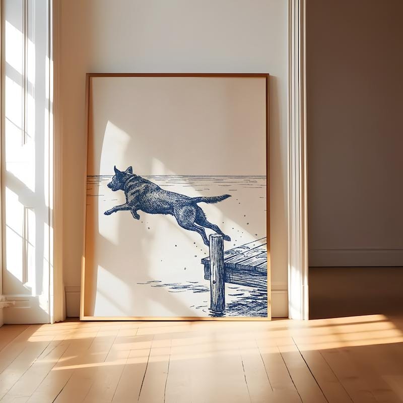 Lake House Dog Art, Blue Ink Sketch, Dock Scene (Print or Canvas)