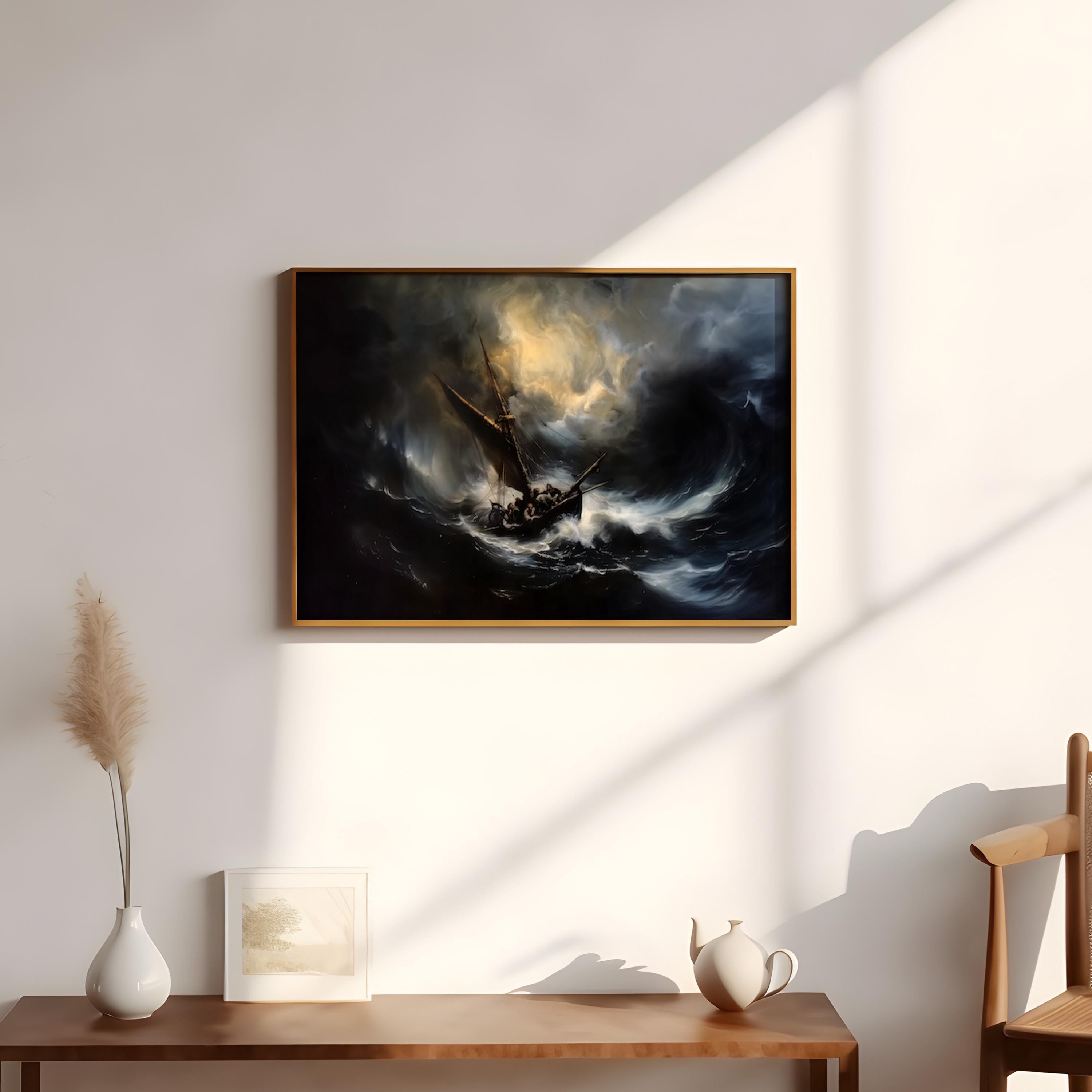The Tempest: Dramatic Stormy Seascape Canvas Art | Nautical Ship & Lightning Wall Decor