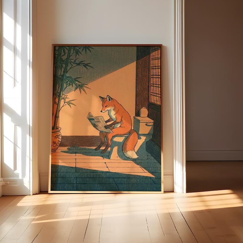 Bathroom Wall Art: Humorous Red Fox on Toilet - Ukiyo-e Style Print