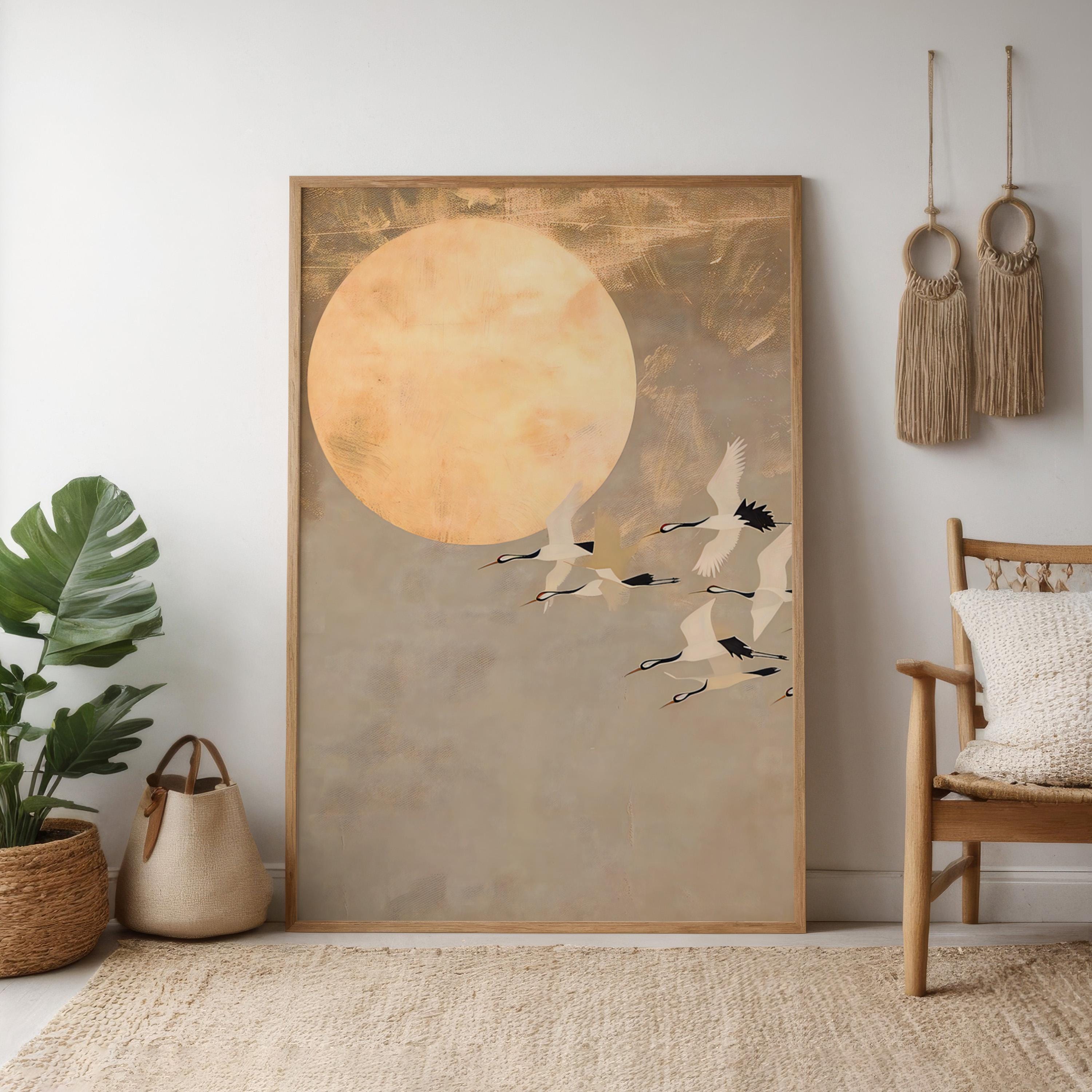 Moonlit Cranes Canvas Art: Serene Japanese-Inspired Wall Decor | Elegant & Tranquil Floral Print