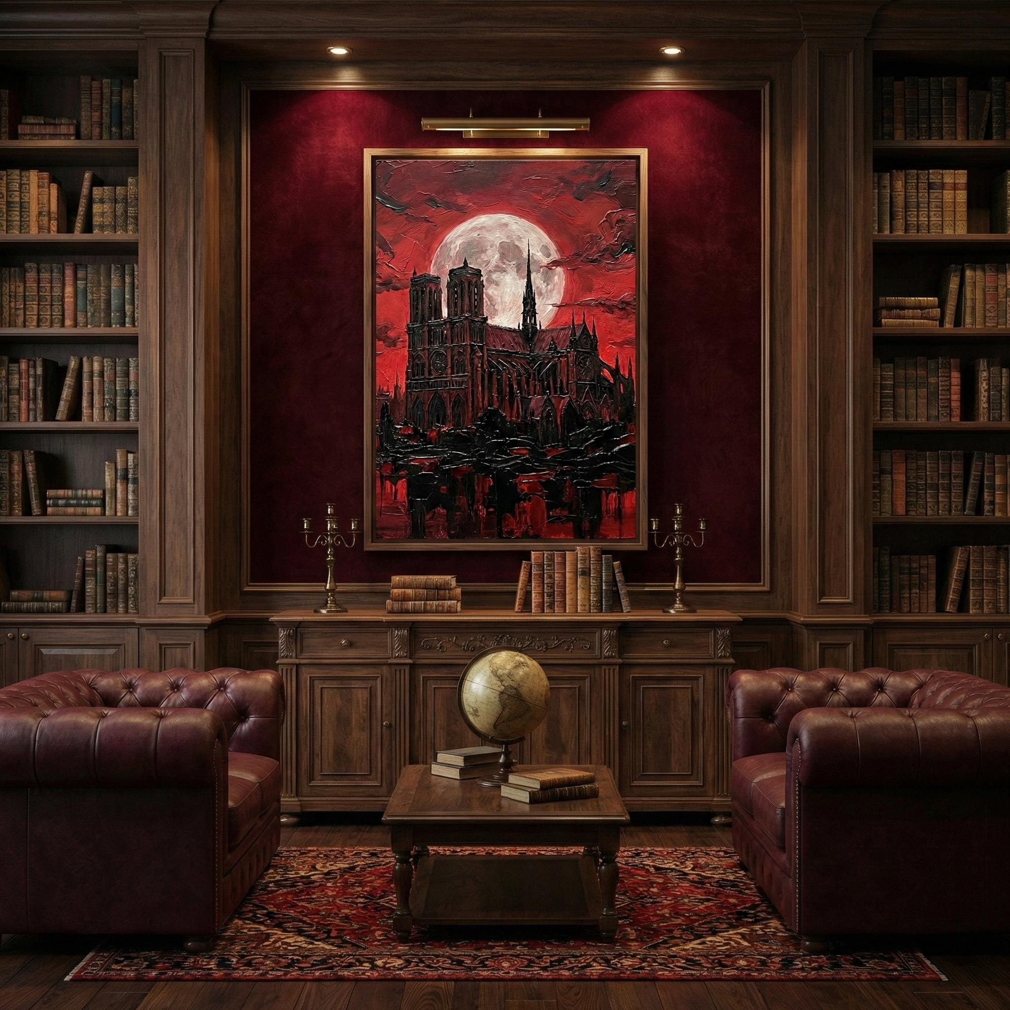 Gothic Cathedral Canvas Print, Blood Moon Cityscape (Dark Fantasy Decor)