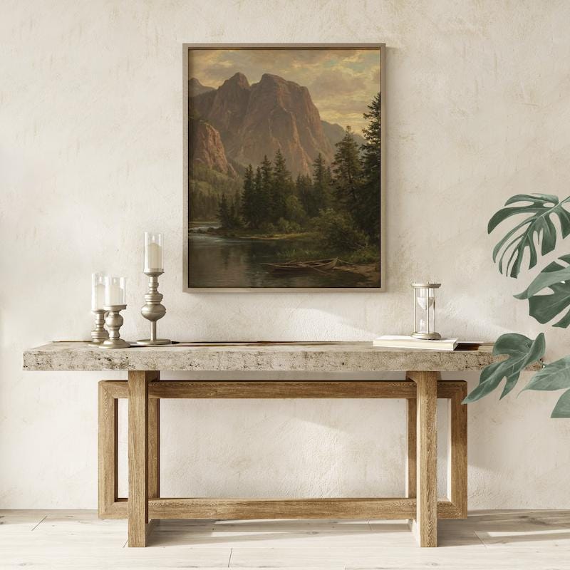 Vintage Mountain Lake Art: Rustic Cabin Landscape in Warm Earth Tones