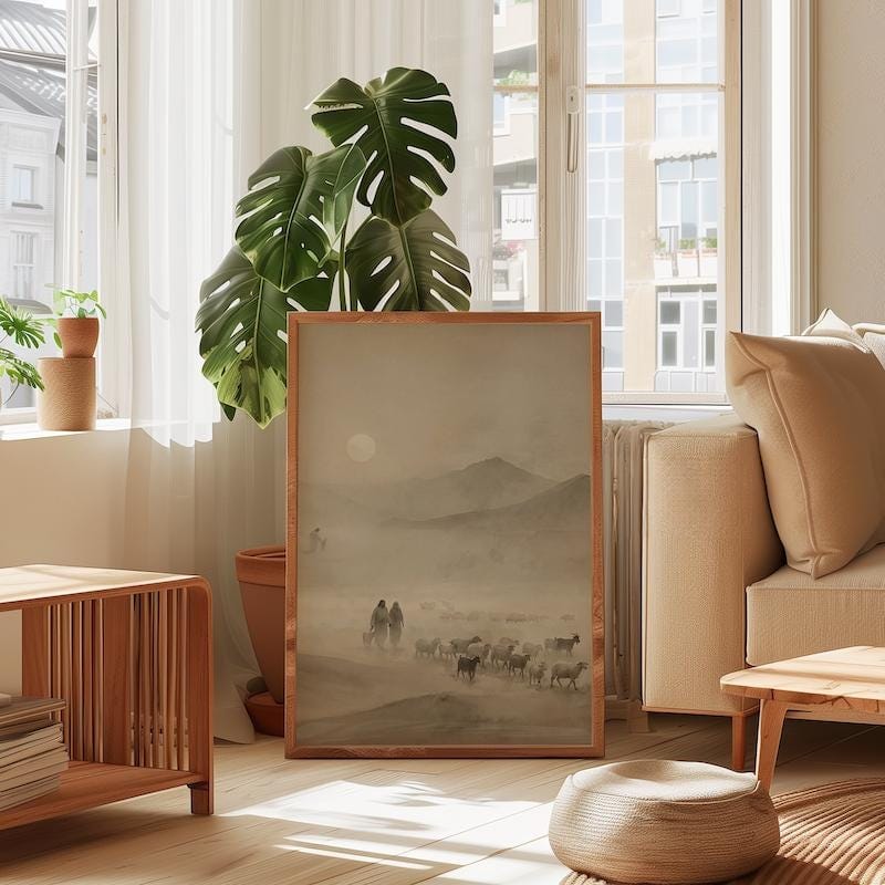 Misty Mountain Landscape: Zen Ink Wash Art (Sepia Tone)