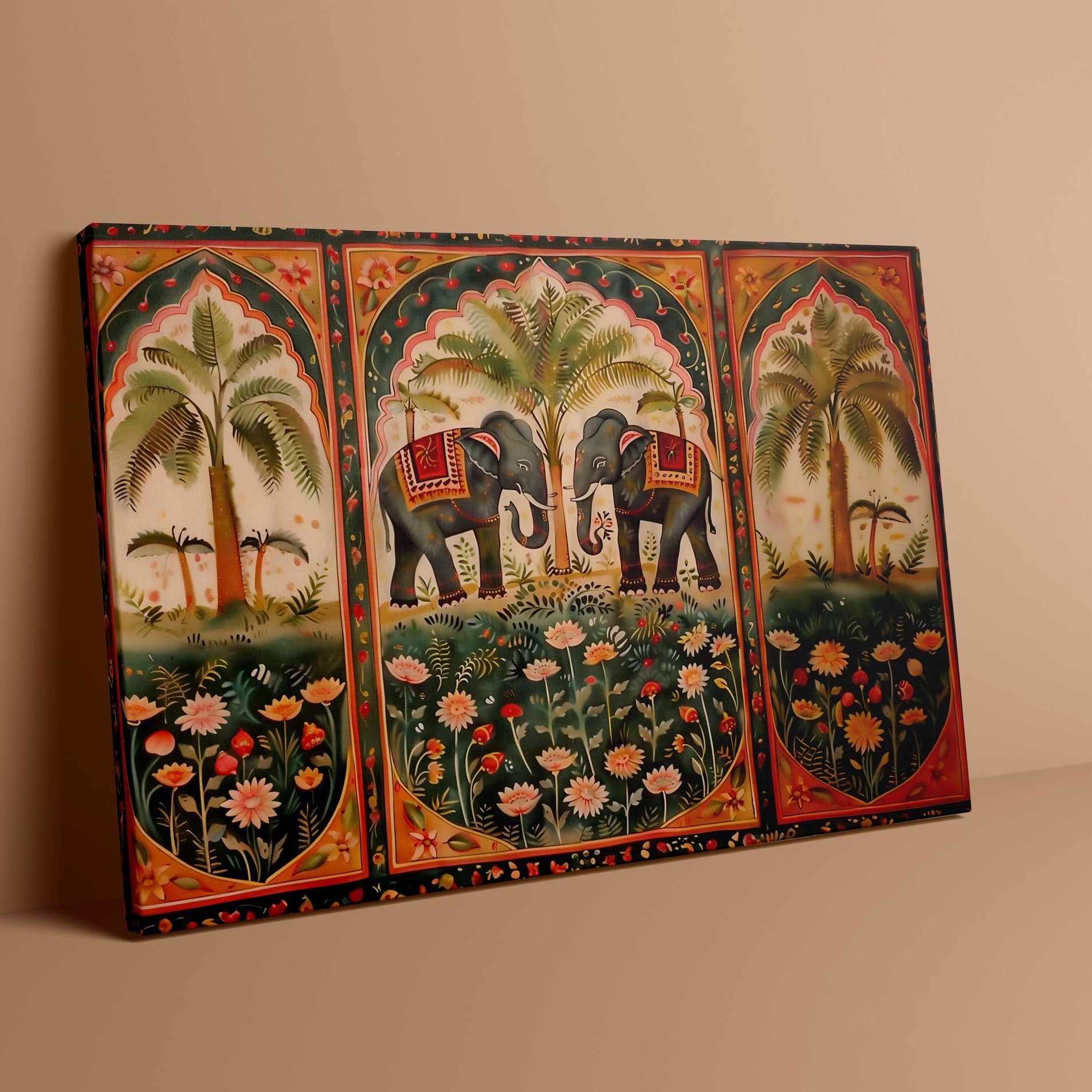 Pichwai Elephant & Lotus Art: Traditional Indian Floral Canvas | Vintage Cultural Wall Decor