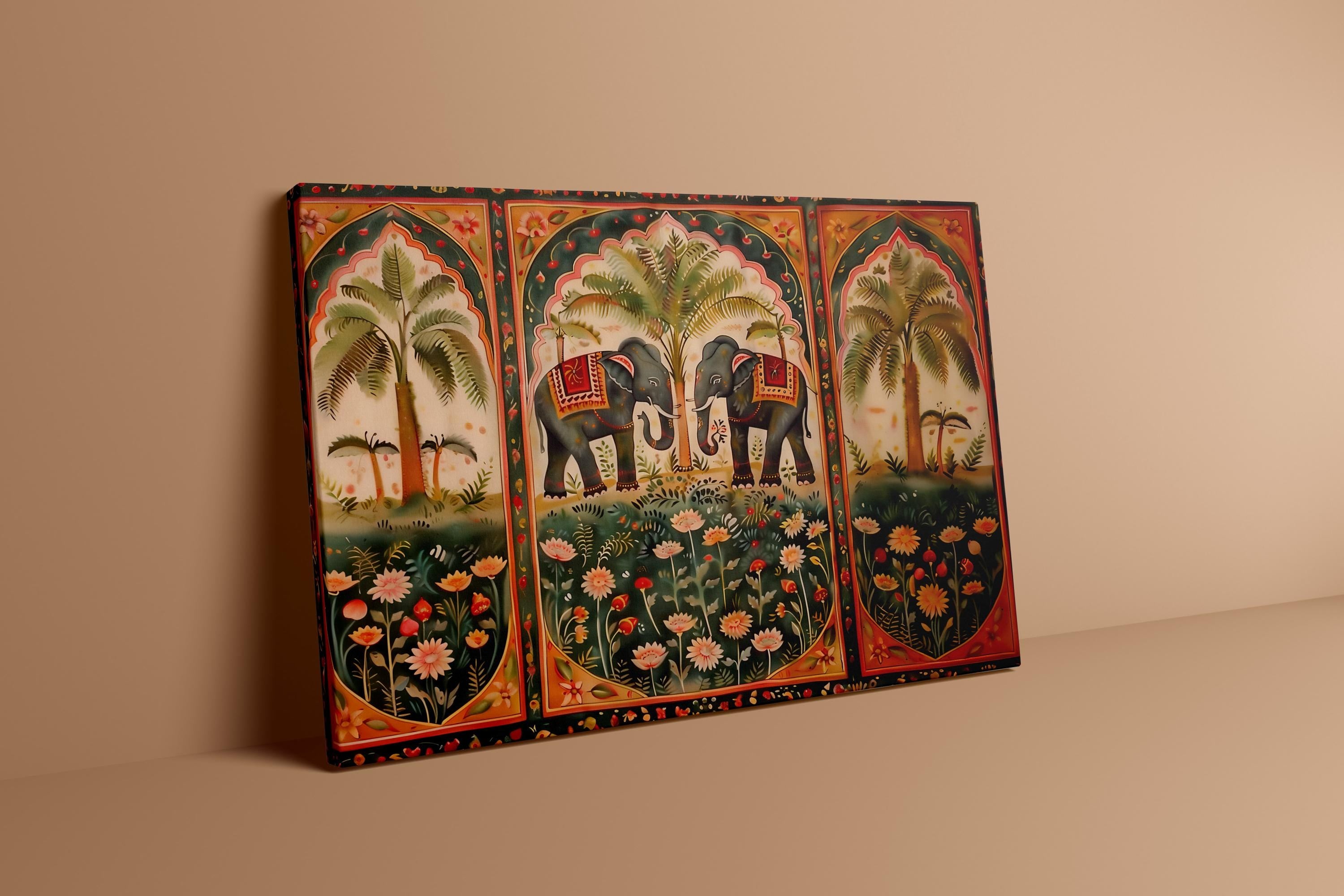 Pichwai Elephant & Lotus Art: Traditional Indian Floral Canvas | Vintage Cultural Wall Decor
