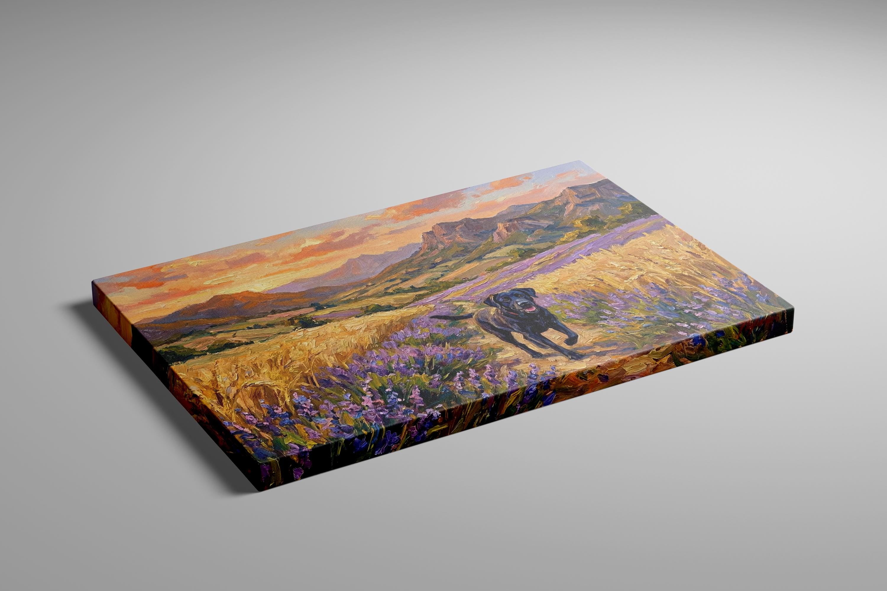 Black Labrador Canvas Art, Lavender & Wheat Field Landscape (Ready to Hang)