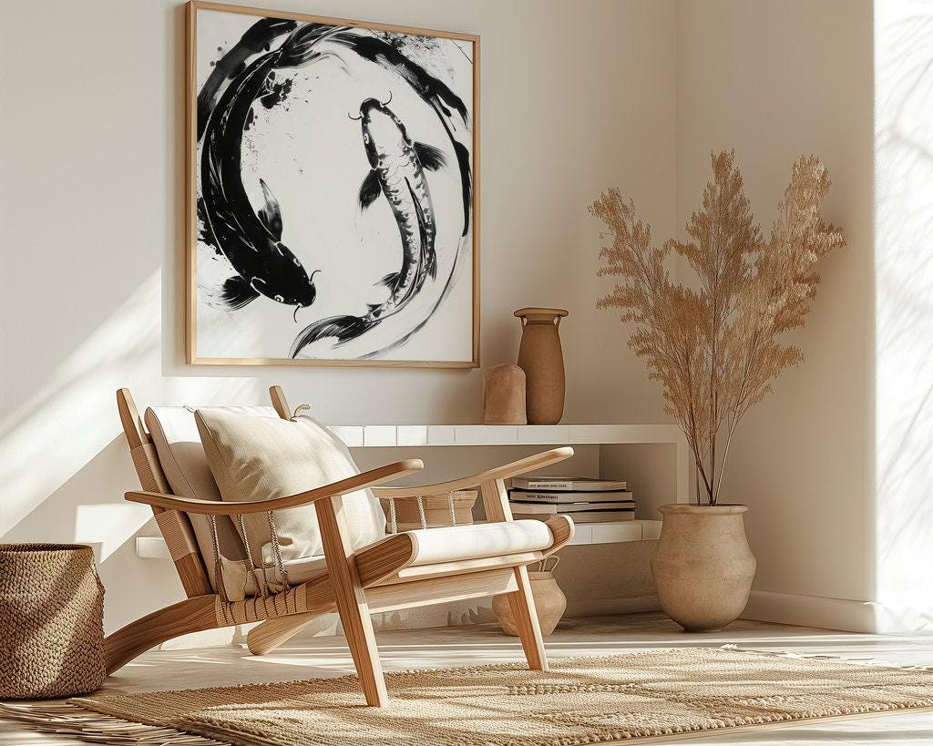 The Dance of Two: Abstract Black & White Koi Fish Art | Modern & Serene Wall Decor